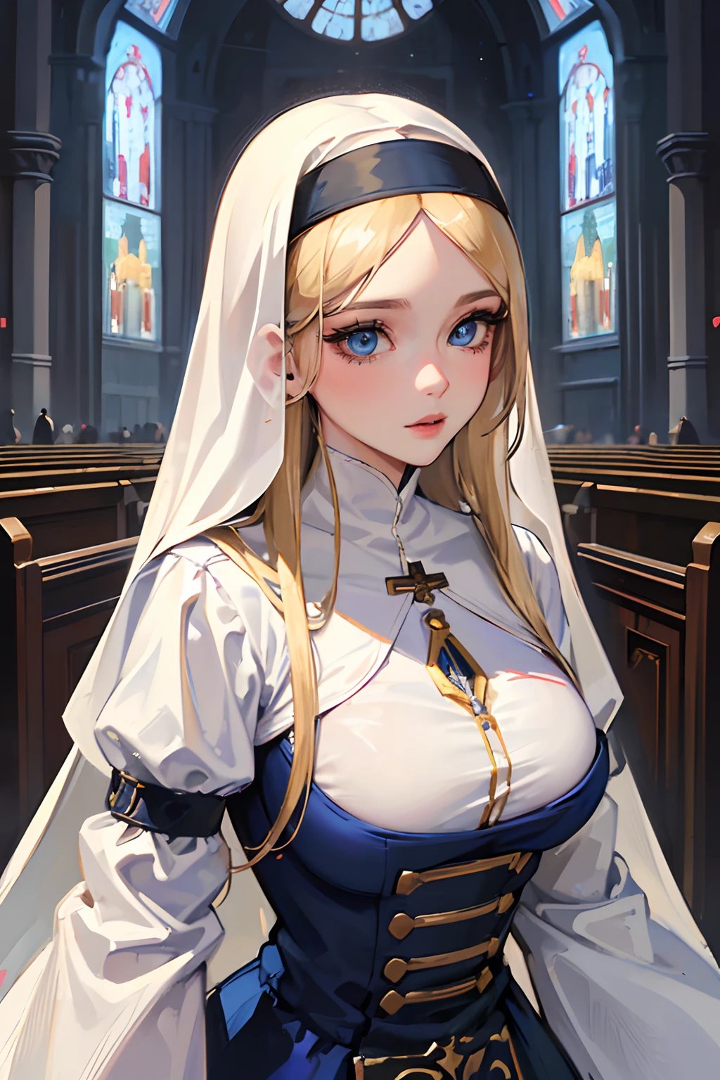 (best quality,4k,8k,highres,masterpiece:1.2),ultra-detailed,realistic,beautiful detailed blue eyes,beautiful detailed lips,extremely detailed face,long hair,1girl,beautiful blonde girl,wearing a nun's outfit,cute,attractive,church, retrato, detailed eyes