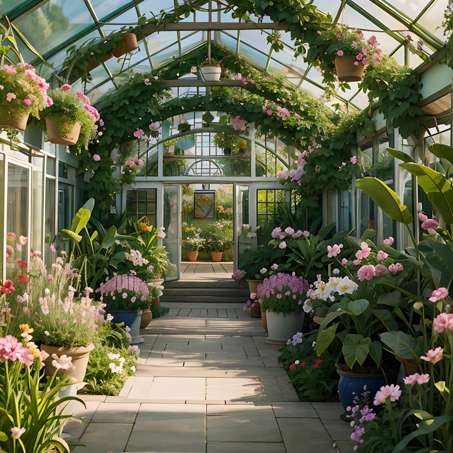 There is a painting of a garden，There are potted plants inside, Anime background art, floral environment, arte de fundo, interior background art, drawn in anime painter studio, in bloom greenhouse, room full of plants, anime backgrounds, Lots of plants and flowers, made with anime painter studio, by Yang J, Detailed scenery —width 672, greenhouse, beautiful anime scenes(Outstanding work，Highest quality)