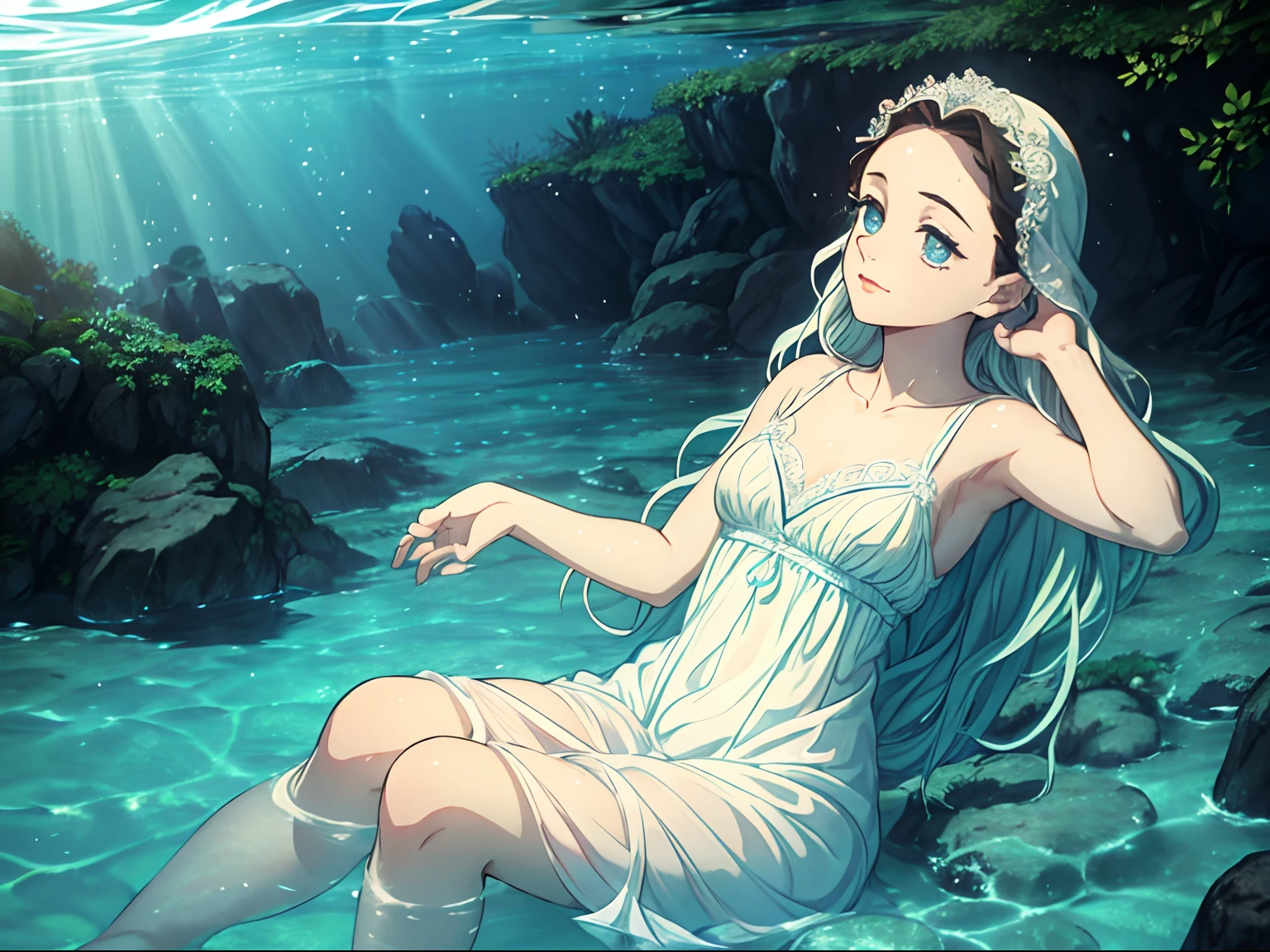 young girl submerged in crystal-clear waters, surrounded by a tranquil underwater garden. The girl has short, jet-black hair and wears a flowing, light-blue silk sundress that dances with the gentle currents. ((Her dress is adorned with intricate, delicate lace patterns, giving it an ethereal and enchanting quality.)) Her eyes are strikingly dark, capturing the depths of the ocean, while her lips are soft and rosy. Sunlight filters through the water, casting a warm, shimmering glow upon her, creating a scene of serene and breathtaking beauty
