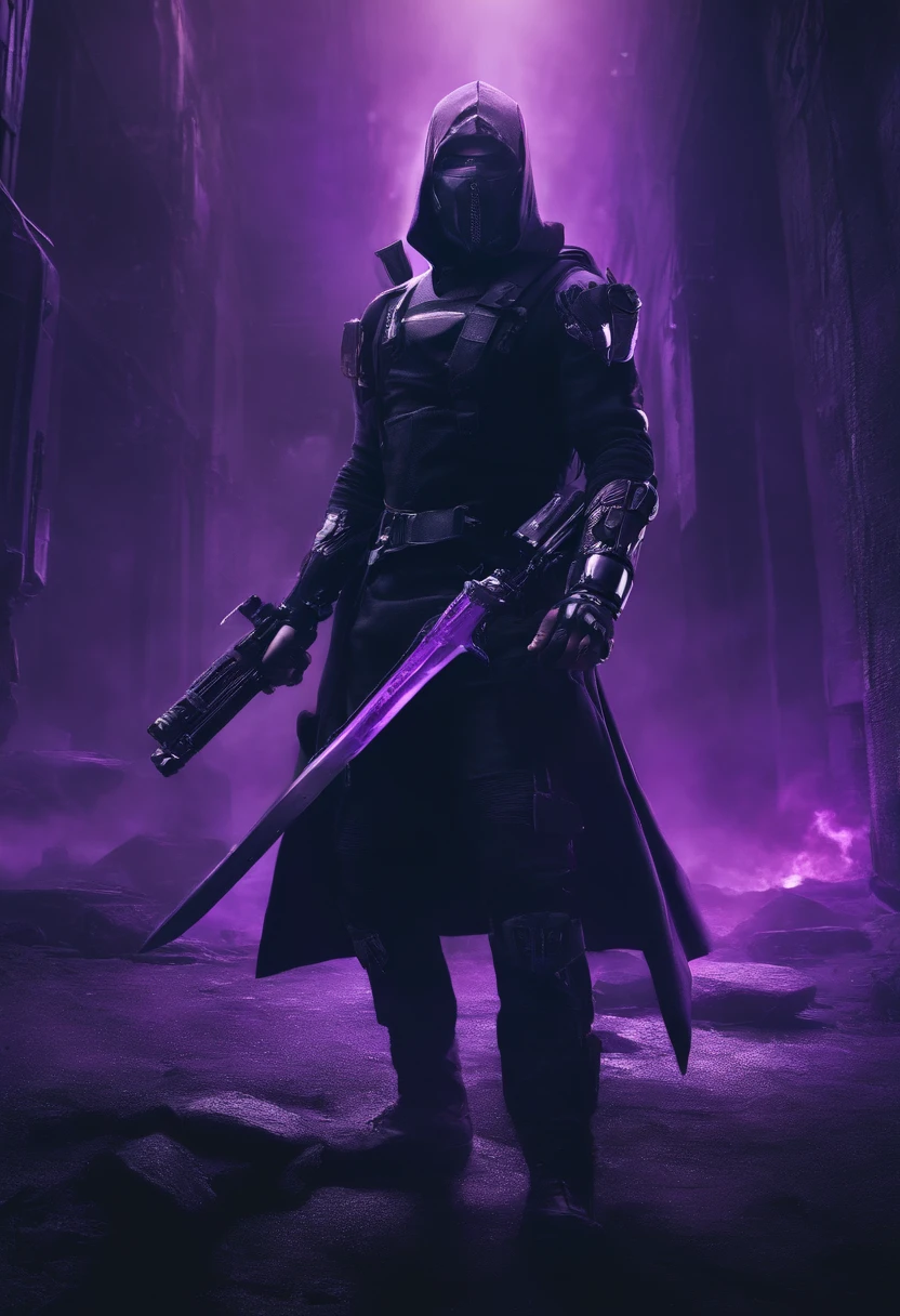 cyberpunked male people Half body machine cyborgs Full Metal Mask Near Future Ninja Awesome assassin purple tone Knife in left hand Lonely heights Inorganic Killing Machine masutepiece Super beautiful