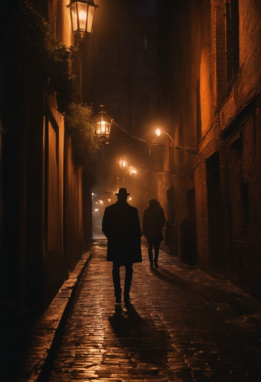 Describe the eerie atmosphere in the dimly lit alleyways of the sprawling city.