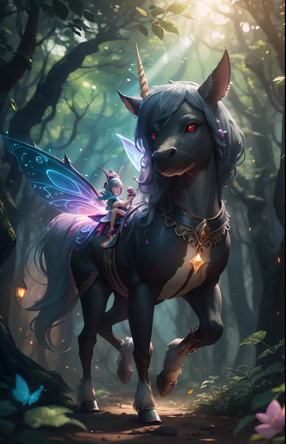 black children elves playing with unicorns in a fairy forest full of black elves, black fairy angels flying, mystical forest with fairy dust in air shining, with iridescent light, 32k, ultra HD, unreal engine rendered, cinematic lighting, artgerm style, cgsociety 9, deviantart, art by Bella kotak, octane 3d rendering, masterpiece, highly detailed images --auto --s2