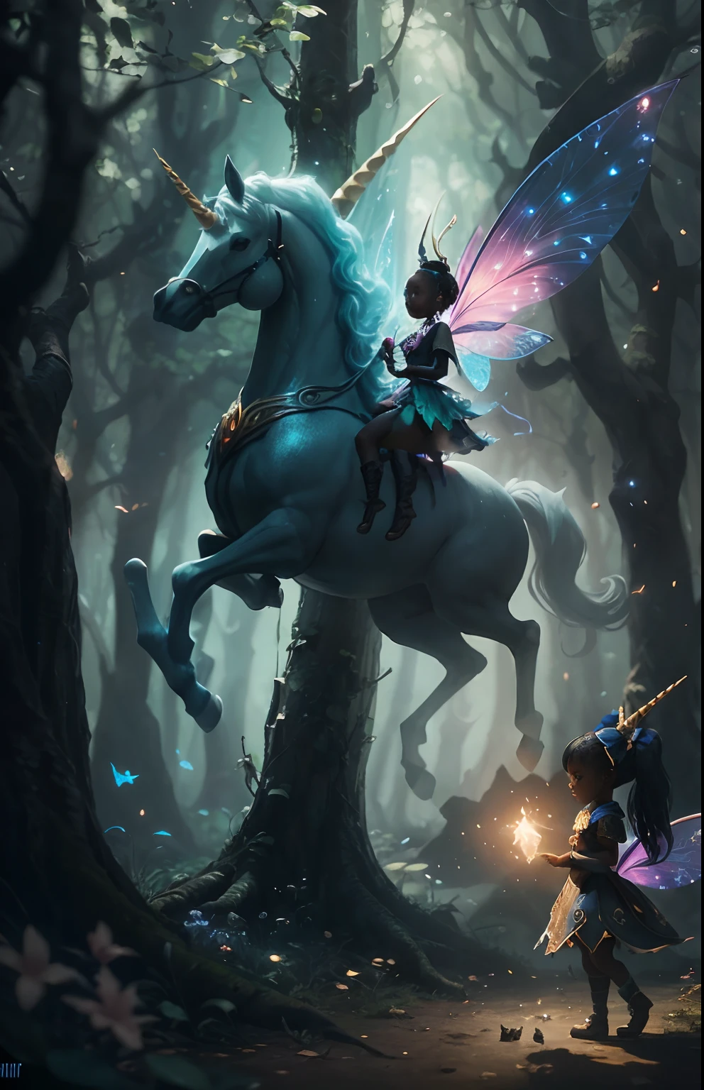 black children elves playing with unicorns in a fairy forest full of black elves, black fairy angels flying, mystical forest with fairy dust in air shining, with iridescent light, 32k, ultra HD, unreal engine rendered, cinematic lighting, artgerm style, cgsociety 9, deviantart, art by Bella kotak, octane 3d rendering, masterpiece, highly detailed images --auto --s2