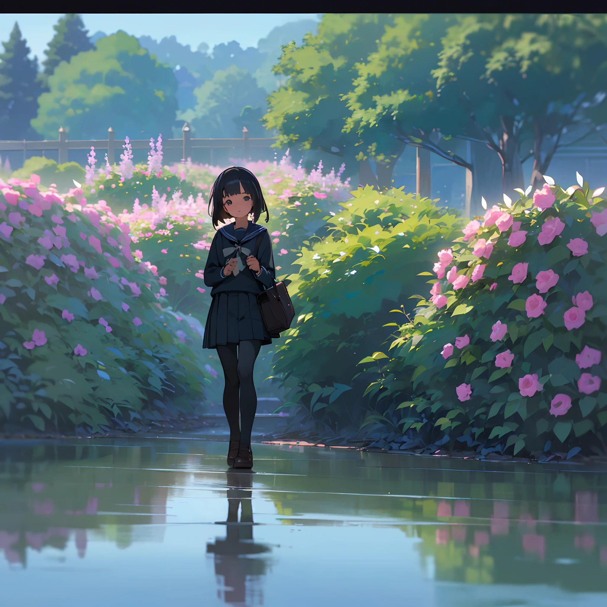 (Best Quality, hight resolution, Ultra-detailed, Realistic:1.37), peaceful ambiance, (plein air, garden), Teenage girl standing alone, Beautiful detailed features, Cute smile, ((Black bob hair)),Navy blue sailor suit, Pleated skirt,Black tights,Brown leather shoes.