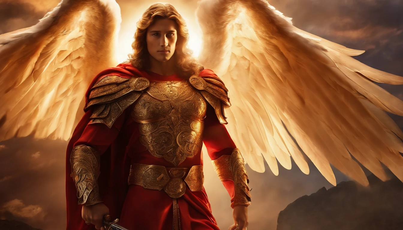 personagem masculino, Arcanjo Miguel, Astronomical images, detalhes intrincados, Realistic, asas vermelhas e grandes, Angelic background, Catholic illustration image of Archangel Michael, Male characters in the Bible, Miguel usa armadura de anjo, cosmic background, Archangel and backlighting, Imagem de corpo inteiro de um anjo, Maximum detail and his angelic face and wings, Pele perfeita realista, A mais alta qualidade de imagem, Miguel He is highlighted in the image in strong and striking colors.