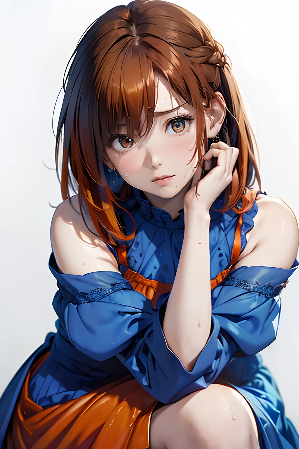 (Best Quality, 8K, Oil Painting, masutepiece:1.2), Ultra-detailed, (Realistic, Photorealistic:1.37), (((bustshot)))、(((bright orange hair)))、(((Wearing a gorgeous blue dress)))、(((upperbody shot)))、(((wearing a blue dress)))、(((２０Women of a certain age)))、(((wearing a blue dress)))、 (((Vermilion hair)))、(((semi long hair)))、((( White background)))、(((Girly Hairstyles)))、(((Wearing a luxurious dress)))、(((In front of a white wall)))、(((Breathe on your shoulders)))、(((Get your hands on your knees)))、(((Very tired face)))、(((Sweat is running down my cheeks)))