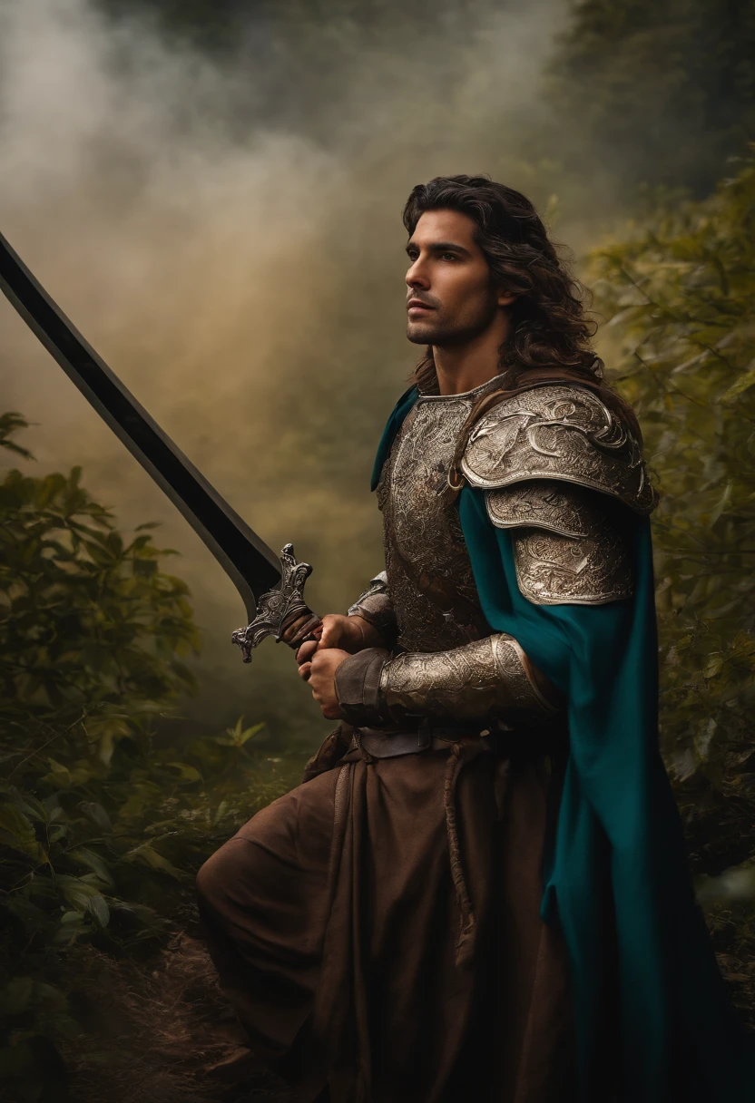guerreiro anjo masculino com espada e asas com rosto olhando para frente