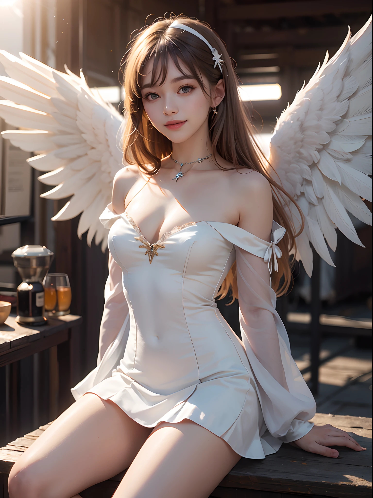 Unbeatable masterpiece, Ultra photo realsisim , Perfect artwork , Intricate details , Best quality , Strong light , High contrast , Dynamic pose , Dutch angle , (Blurry, Depth of field, blurryforeground:1.35) , 1 girl , dress , Long hair , Wings , Solo , hold , white dresses , Halo , ribbon , Bare shoulders , Blonde viewer , Tight shoulders , bangs , Angel wings ,Wings , White background , angel , spark of light , Dress with closed shoulders , Gray eyes , White wings ,Simple background , Puffy sleeves , Smile , gentle ,Eyes between hair , Long hair , chest , Bare legs , Short skirt, (Starlight,Sunset , Lens flare:1.25) ,