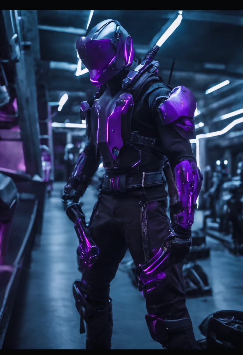 cyberpunked male people Half body machine cyborgs Full Metal Mask Near Future Ninja Awesome assassin purple tone Knife in left hand Lonely heights Inorganic machine arms Killing Machine masutepiece Super beautiful