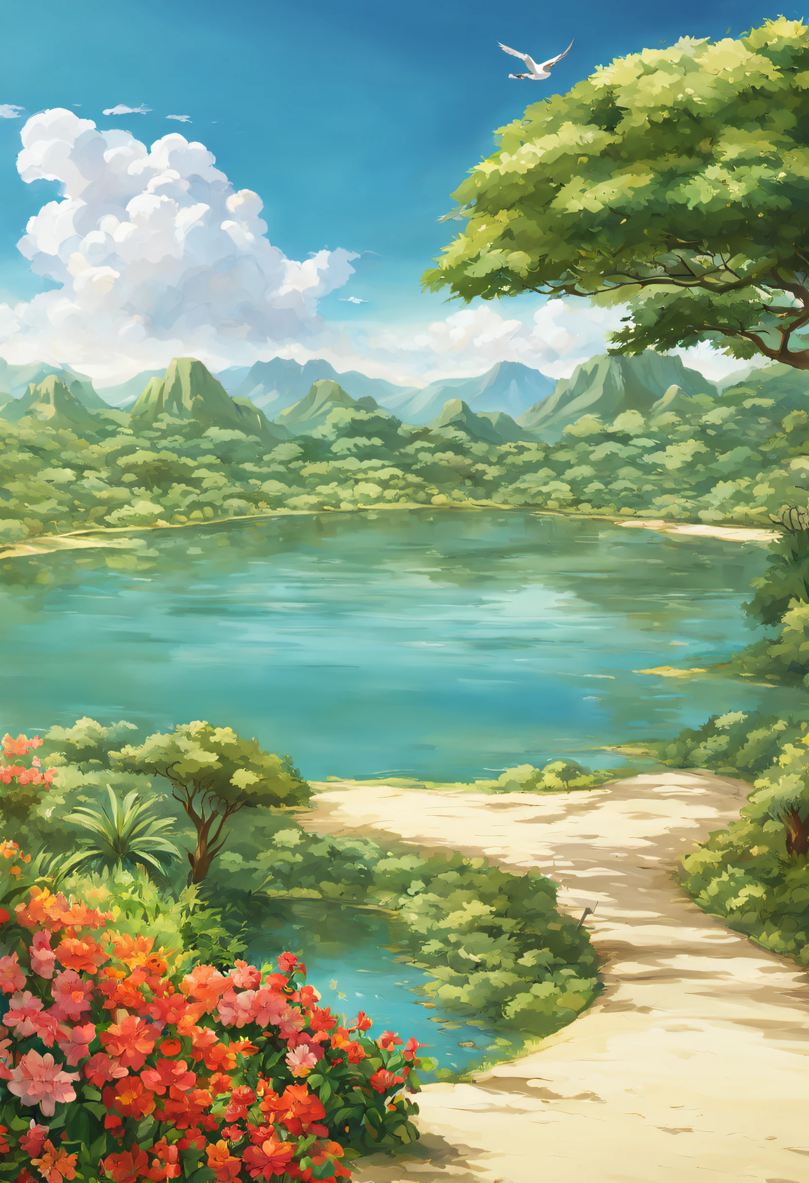 A verdant oasis in the desert, cercado por palmeiras e flores. A crystal-clear lake reflects blue sky and white clouds. A rainbow shines on the water, as a sign of hope and promise. Um vento suave sopra, Bringing the sound of birds and the scent of fruit. Um lugar de paz e prosperidade, where God is with Joseph. imagem estilo anime