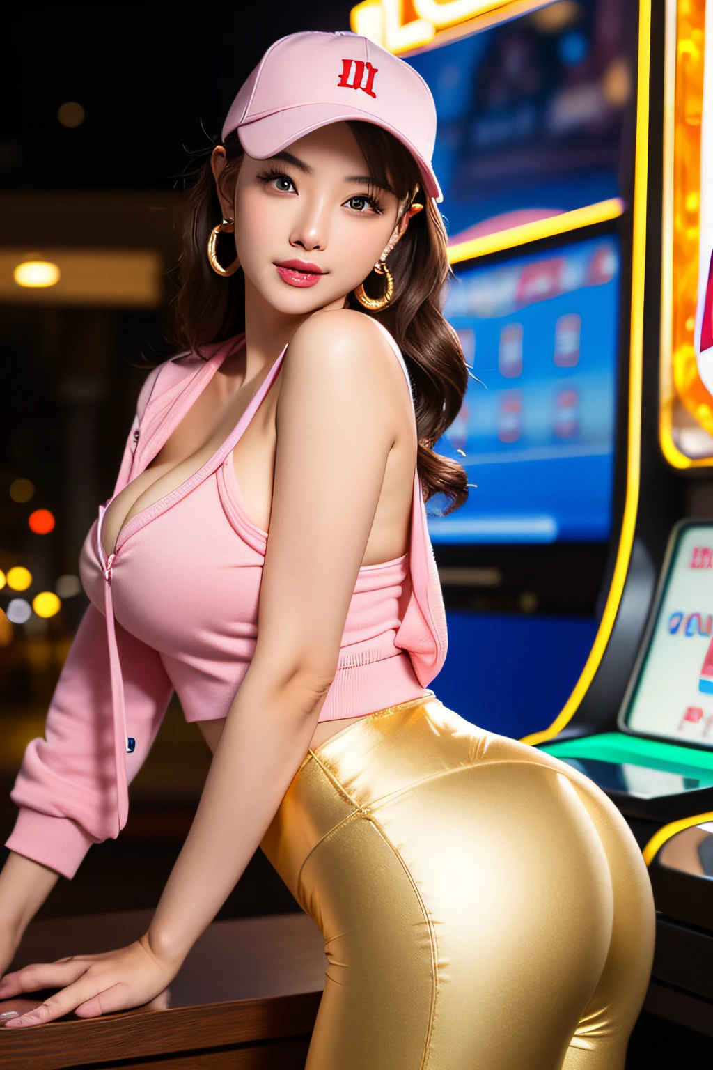 (A MILF:1.3), 独奏, Cute bimbo woman standing on the street, Spandex Leggings, pink hoodie, Rear-facing baseball cap, cabelos preto e longos, Thick lip, gold jewerly, Gold Loop Earrings, slot machines, r /The eye, A detailed eye, mideum breasts, cleavage of the breast, top-quality ((​masterpiece)), (hightquality), (top-quality), (detaileds), hard disk, Perfect litthing, A detailed face, Detailed body,