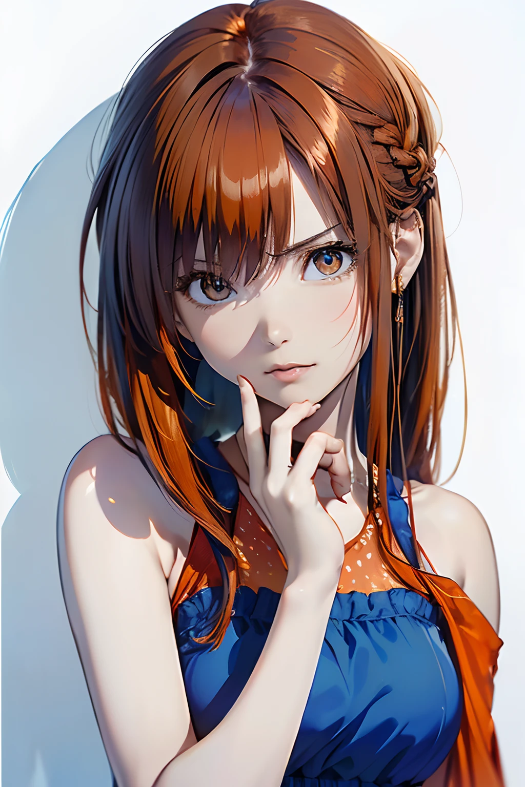 (Best Quality, 8K, Oil Painting, masutepiece:1.2), Ultra-detailed, (Realistic, Photorealistic:1.37), (((bustshot)))、(((bright orange hair)))、(((Wearing a gorgeous blue dress)))、(((upperbody shot)))、(((wearing a blue dress)))、(((２０Women of a certain age)))、(((wearing a blue dress)))、 (((Vermilion hair)))、(((semi long hair)))、((( White background)))、(((Girly Hairstyles)))、(((Wearing a luxurious dress)))、(((In front of a white wall)))、(((The gaze is looking obliquely up)))、(((Nothing on the top of the head)))、(((I have my hand on my chin))、(((Serious look)))、(((A face that says I see.)))