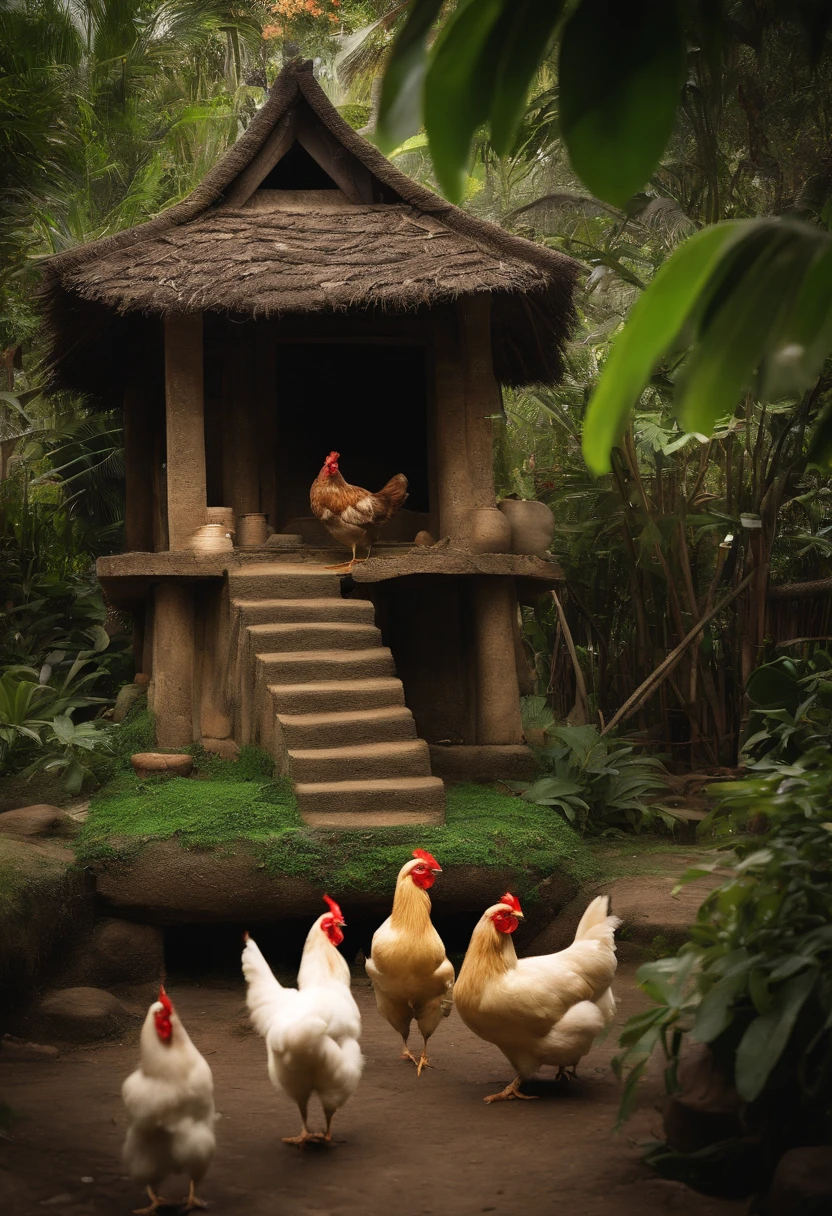 a small Vietnamese village house (old cottage with an old well, areca tree and free-range little chickens) that fits Vietnamese folktales style.