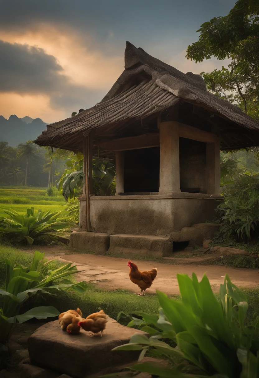 a small Vietnamese village house (old cottage with an old well, areca tree and free-range little chickens) that fits Vietnamese folktales style.