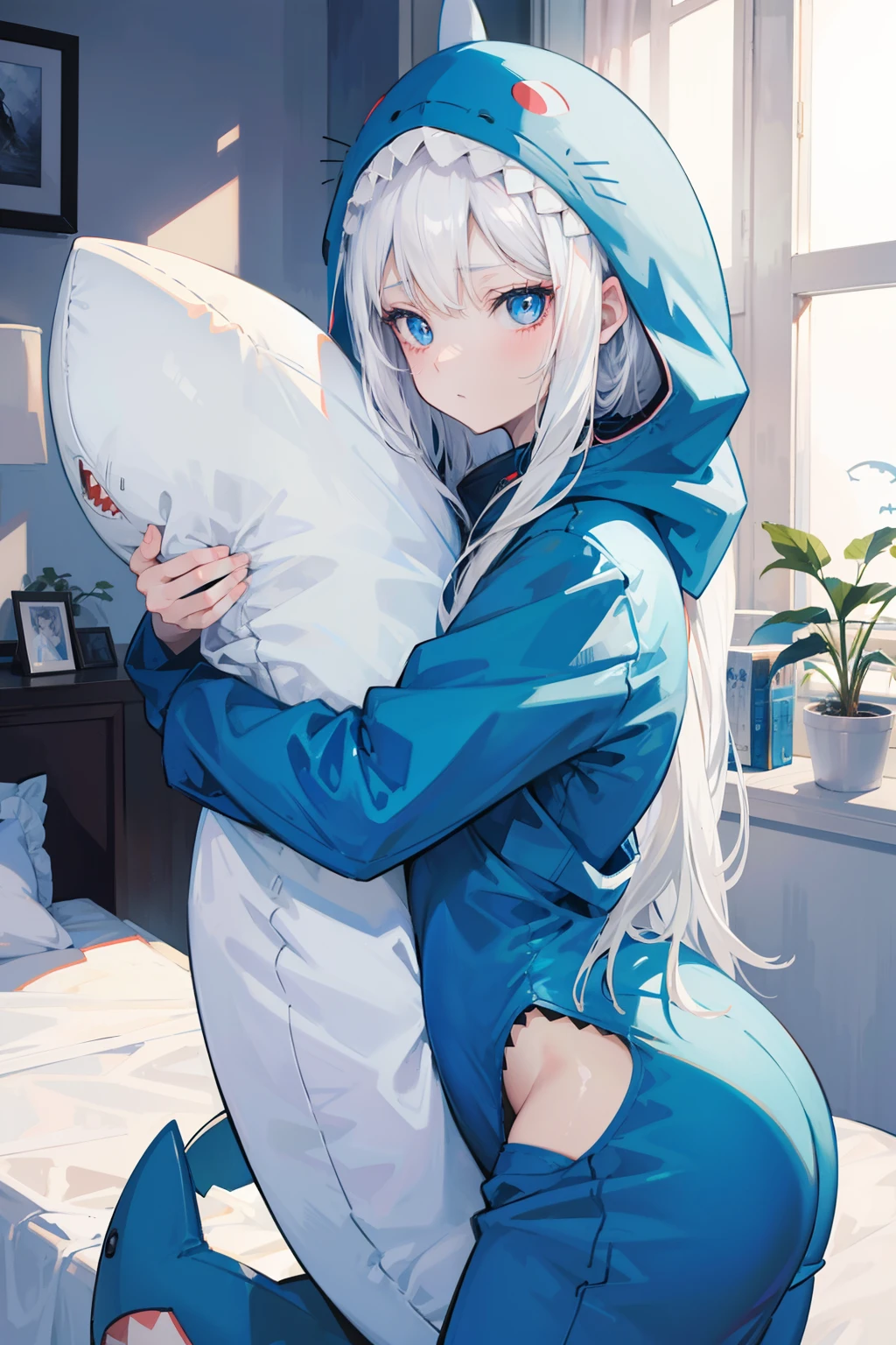 anime girl, white hair, beautiful blue eyes, good anatomy, good hands, in a shark onesie, hugging a shark plushie on her bed, beautiful room, sad look on her face, 8k, high resolution