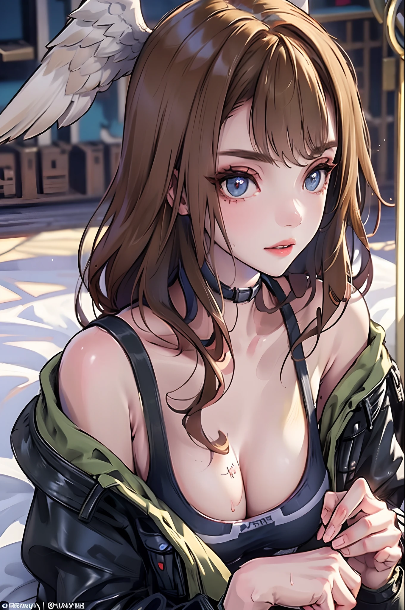A photo of a young, wearing a white shirt and a bow, surrounded by a cozy atmosphere, looking at the viewer.
short hair, slender, red lips, transparent fabric, flirting with the camera, wing hair accessories, large breast, side profile, close up to upper body, ((undressed:0.8)),sweaty, no bra, laying on bed, on bed, bedroom, leaning forward:0.8, ((sitting legs spread))