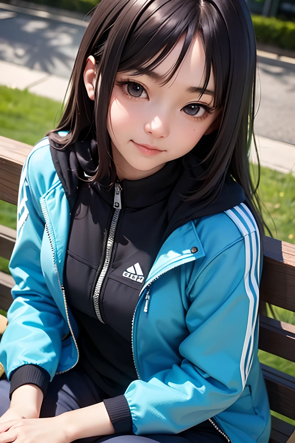 masutepiece, Best Quality, 1girl in, Solo, nffsw, ((20yr old, Japanese face, Japanese actressl)), Long hair, Black hair, Black eyes, Blue jacket, Black gym clothes, (No Expression), Sitting, Outdoors, Sitting on a bench, ((Upper body, Face Focus, Face Close-up)), Smile, tusk,