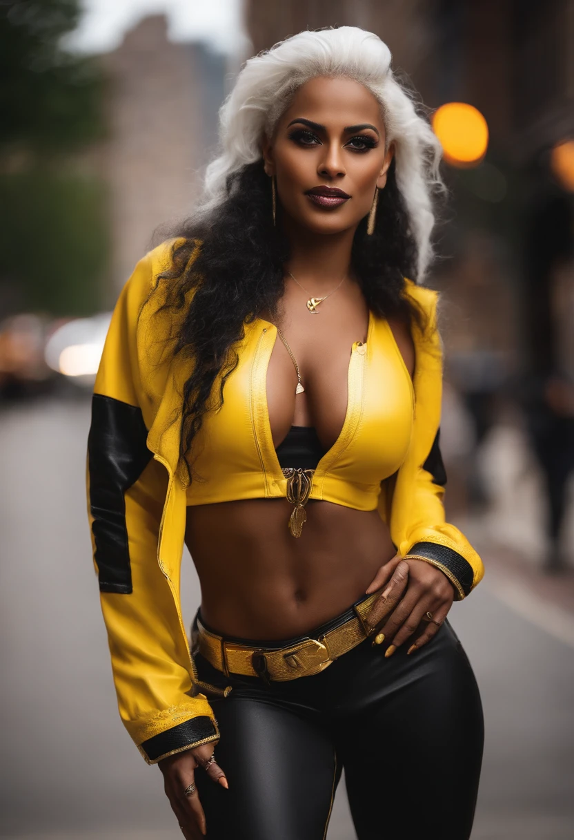 Triumphant, Dark-skinned Arab woman with white hair, white eyebrows, yellow eyes, large breasts, shortstack, strong, athletic, fit, white hair tied with a yellow ribbon. Wears yellow and black motorcycle leathers, lots of gold jewelry and navel piercing. She is standing on a street in Chicago.
