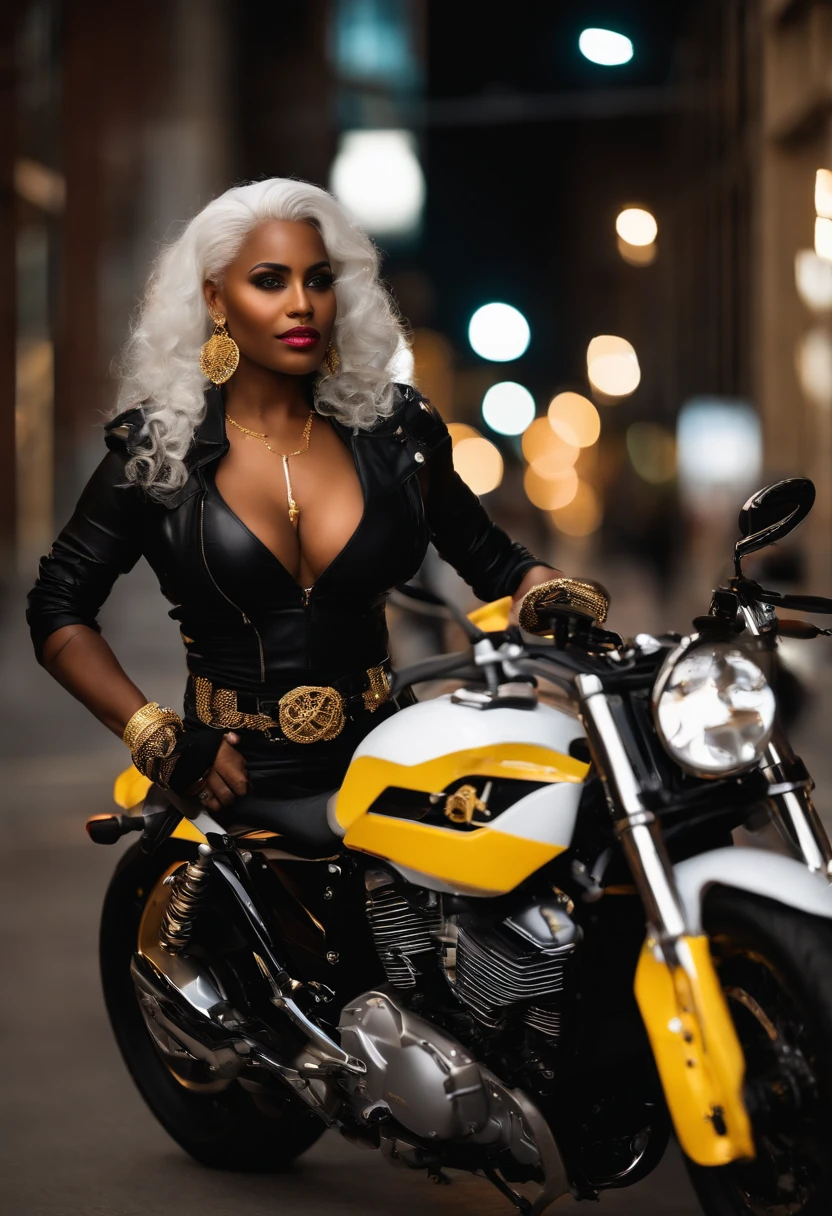 Triumphant, Dark-skinned Arab woman with white hair, white eyebrows, yellow eyes, large breasts, shortstack, strong, athletic, fit, white hair tied with a yellow ribbon. Wears yellow and black motorcycle leathers, lots of gold jewelry and navel piercing. She is standing on a street in Chicago.