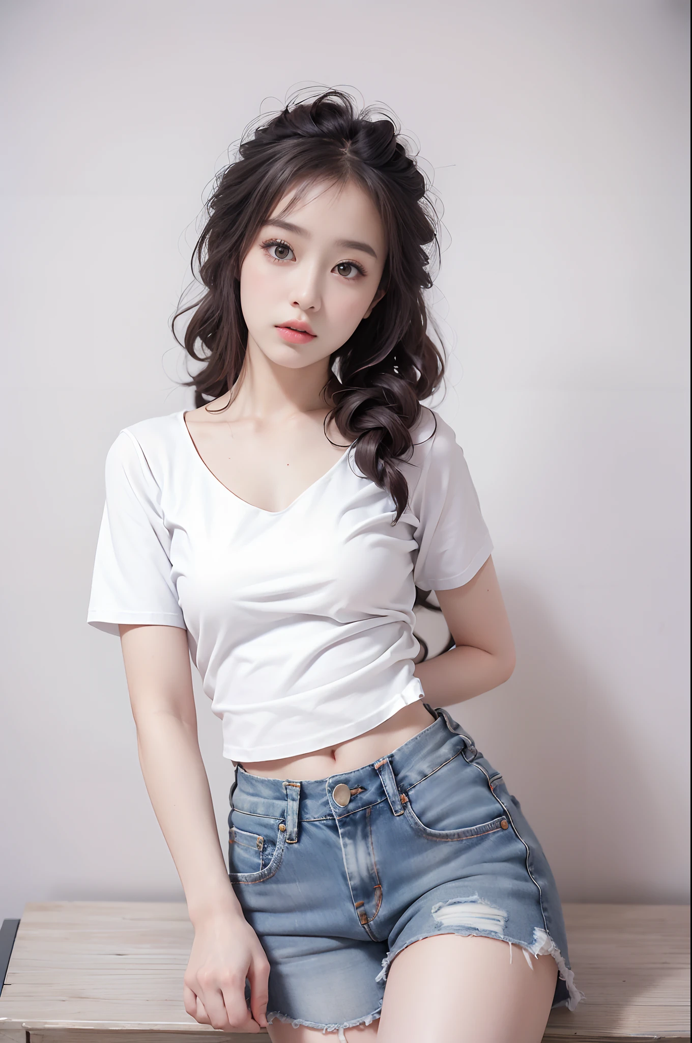 Girl in white shirt and tight denim skirt posing for photo, full body, legs spread, cut t-shirt, bra, slim body, small bust, slim girl model, 24 year old female model, lying down, shy, skin wet, sweating