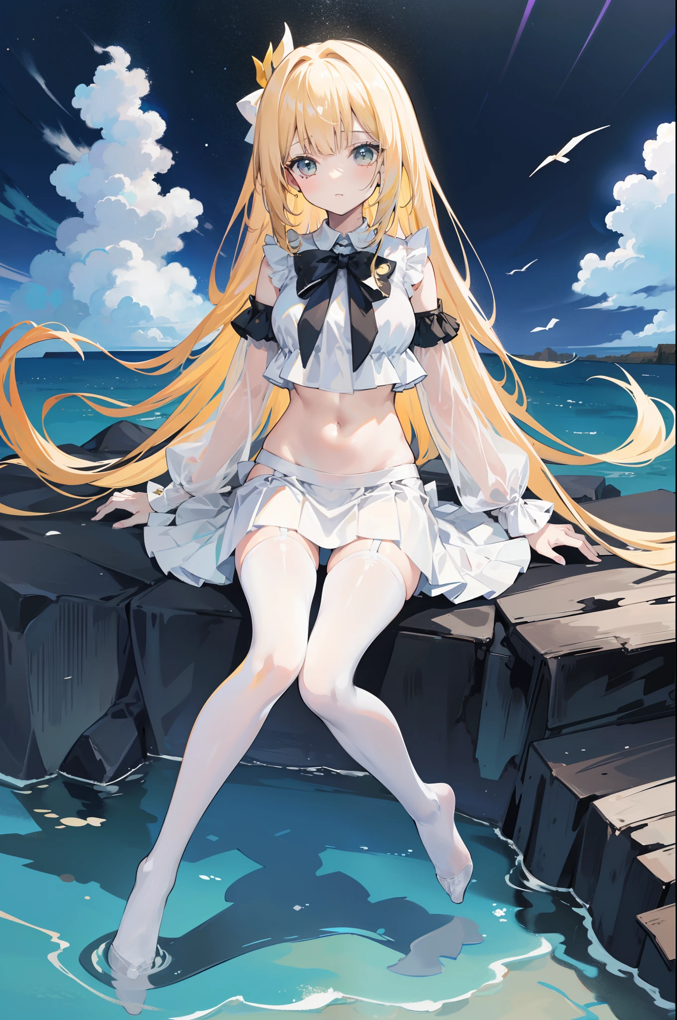 Masterpiece（（tmasterpiece）），（White color blouse），（（black micro skirt）），（Black transparent stockings），adolable，is shy，（Long yellow）Hair，red bowtie，long leges，（Have by the sea），（Facing the sea），Open navel，No shoes on