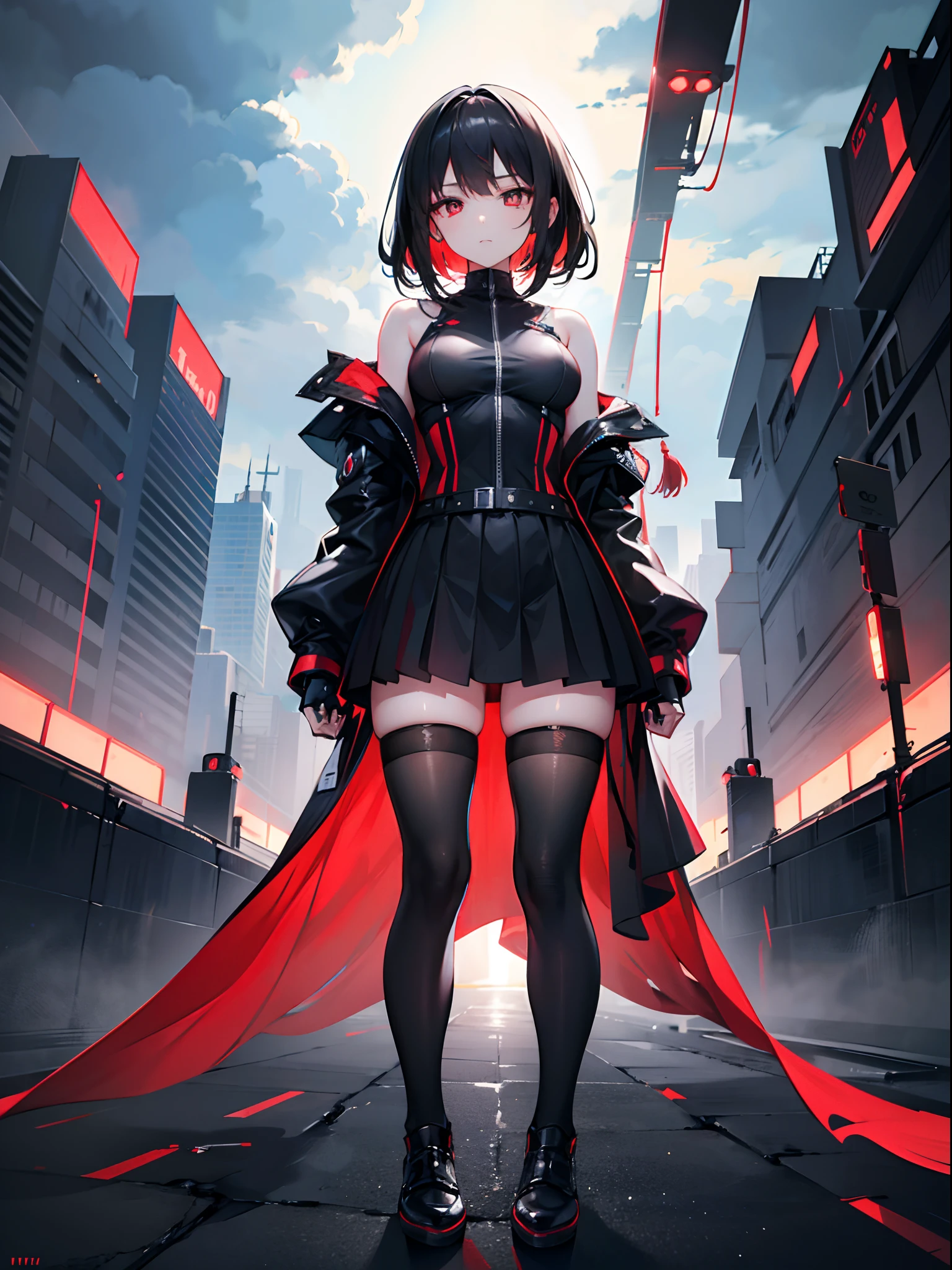 female pervert，black hair，red pupils，Black plus color sci-fi storm suit，Black mask，Short black skirt with black stockings，tmasterpiece，Sci-fi style，4K，HDR，cabelos preto e longos，Cover the whole body，cropped shoulders，expressionless