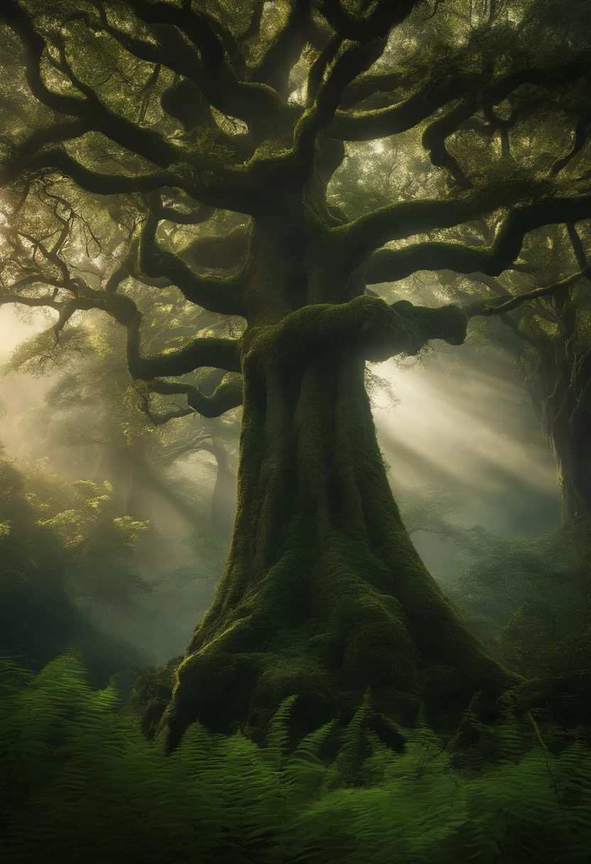 A mystical forest with giant trees and magical beings hidden among the branches, 8k, alta qualidade
