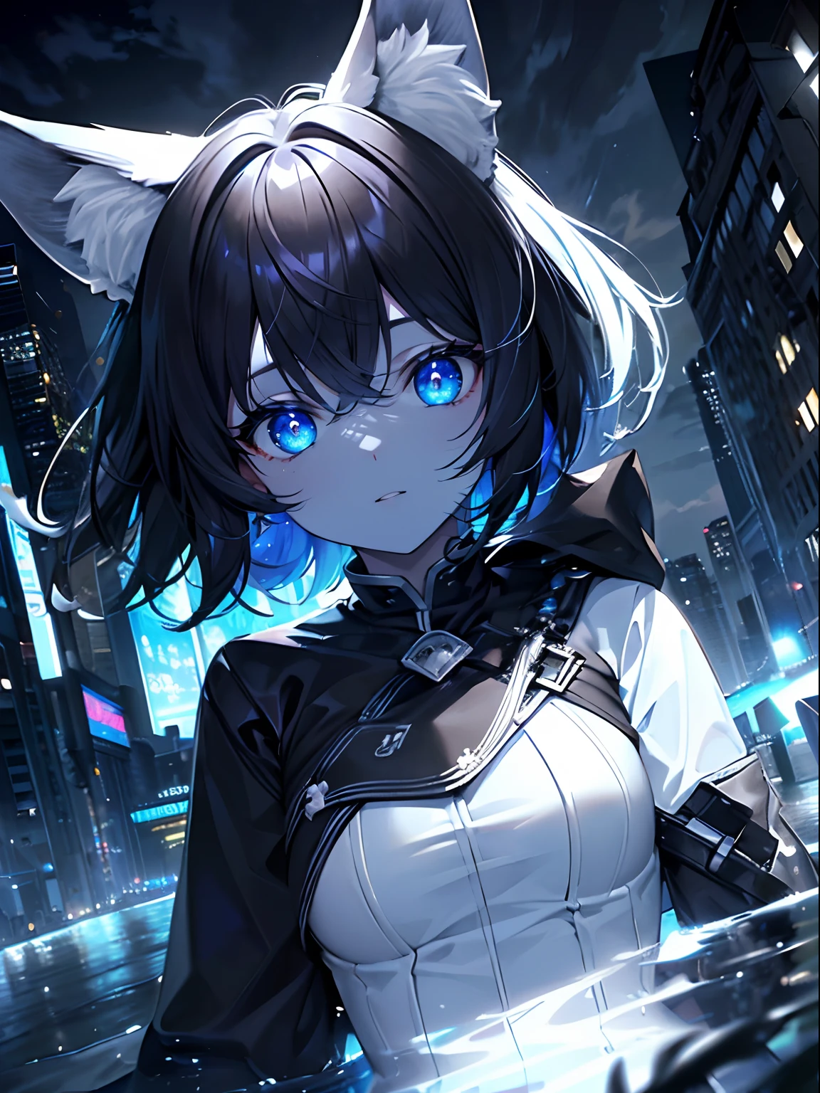 (masterpiece,best quality,ultra-detailed),((((multiple girls)))),(colored skin,blue skin),(fox ears),(short hair,messy hairstyle),(white skin),(black hair),in a city,cloudy, night,(grey theme),looking at viewer