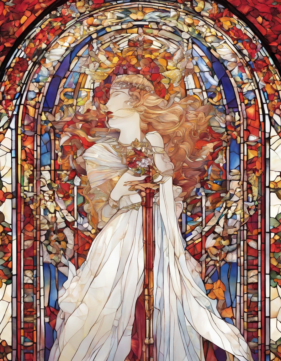 singer in a white half mask, grandes asas de anjo, vestido vermelho longo, innocence