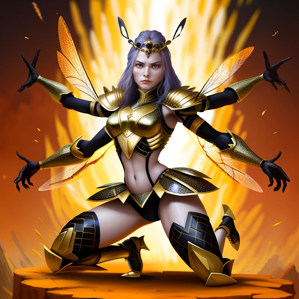 Warrior queen of the bees, four arms, swarming insects, dynamic pose.