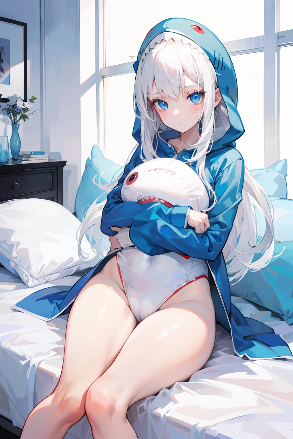 nime girl, white hair, beautiful blue eyes, good anatomy, good hands, in a shark onesie, hugging a shark plushie, laying on her bed, bare legs, beautiful room, sad look on her face, 8k, high resolution