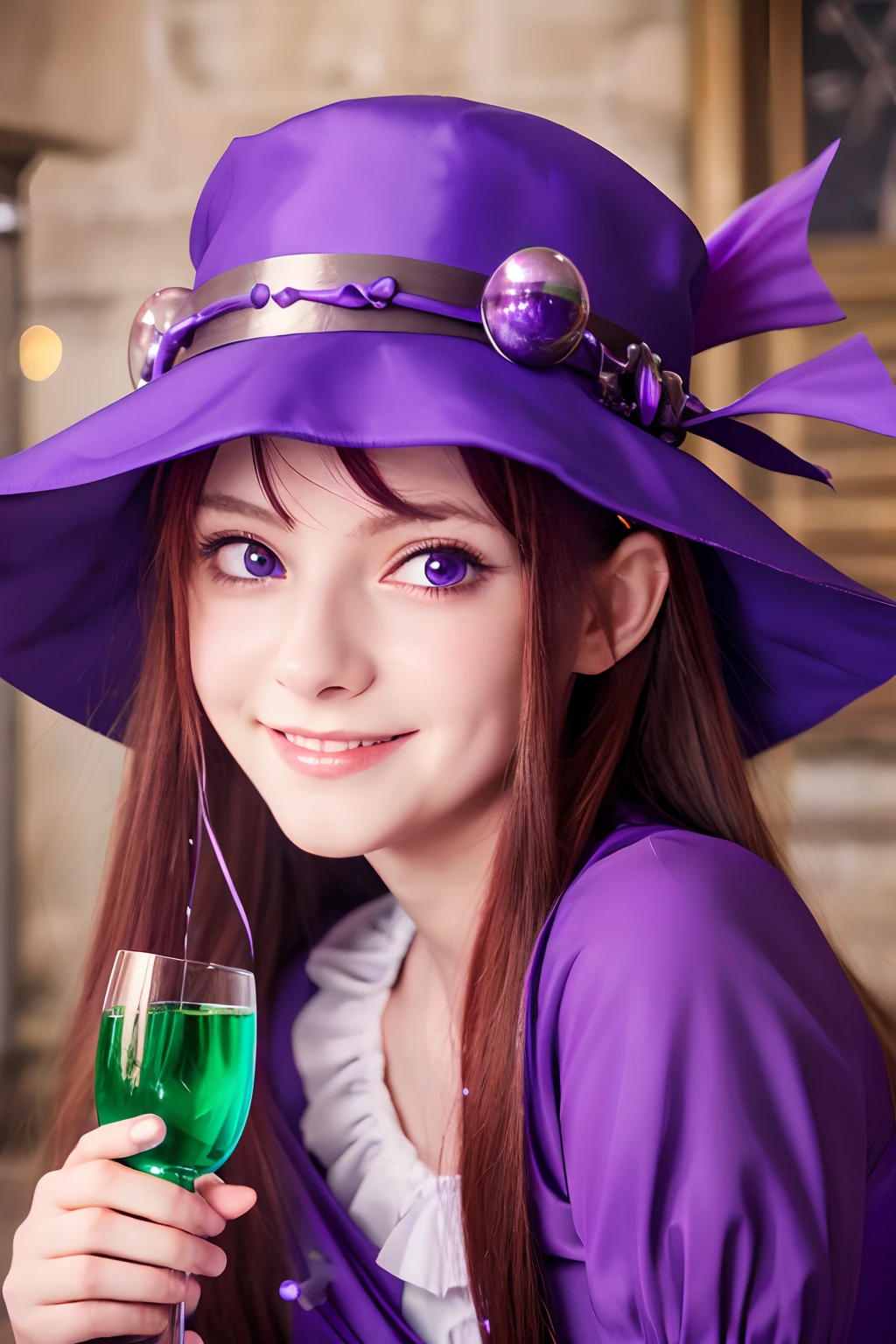 Anime, Girls format wallpapers, Red hair, purple witch hat, Purple dress, Purple eyes, Purple dress, smiling, sensual face, lascivious, In the medieval laboratory, Medieval laboratory, Becker with bubbling green liquid on background, Location and...