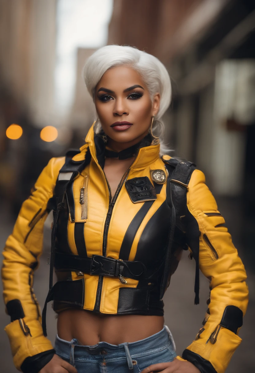 Triumphant, Dark-skinned Arab woman with white hair, white eyebrows, yellow eyes, large breasts, shortstack, strong, athletic, fit, white hair tied with a yellow ribbon. Wears yellow and black motorcycle leathers, lots of gold jewelry and navel piercing. She is standing on a street in Chicago.