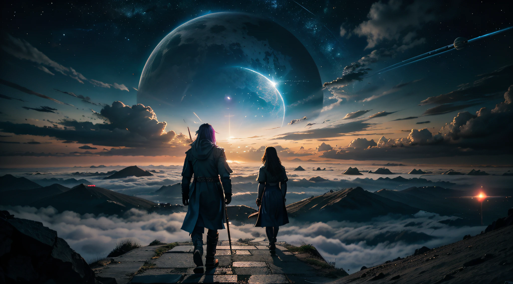 Sky Planets in the background over the clouds Wizard walking up to the cyberpunk portal