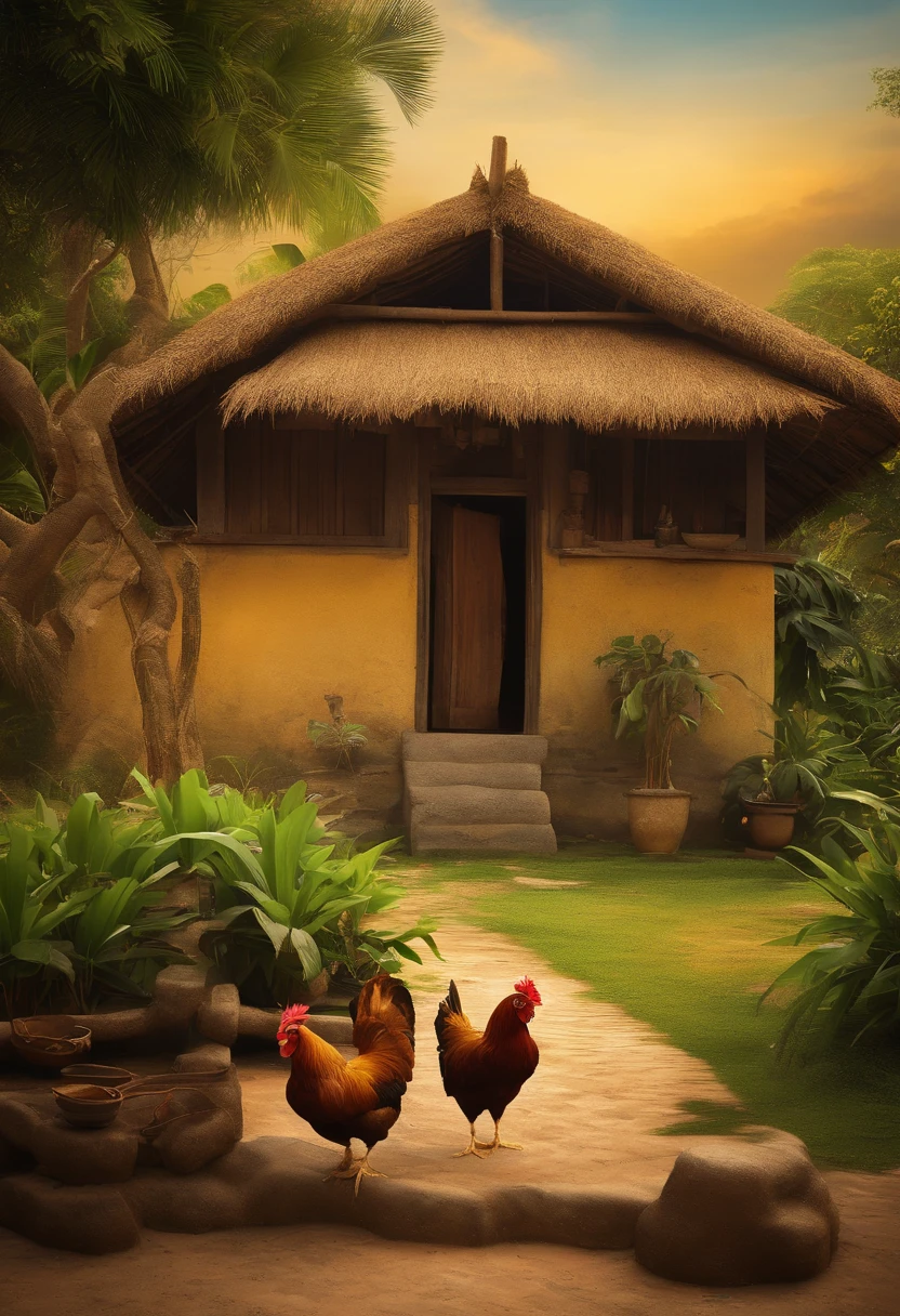 A picture that has small Vietnamese village cottage made of thatched wall and straw roof with a front yard. Next to the cottage, there is an old well and areca tree. On the front yard, there are some free-range little chickens and yellow dried cock.