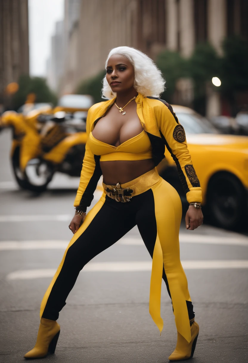 Triumphant, Dark-skinned Arab woman with white hair, white eyebrows, yellow eyes, large breasts, shortstack, strong, athletic, fit, white hair tied with a yellow ribbon. Wears yellow and black motorcycle leathers, lots of gold jewelry and navel piercing. She is standing on a street in Chicago.