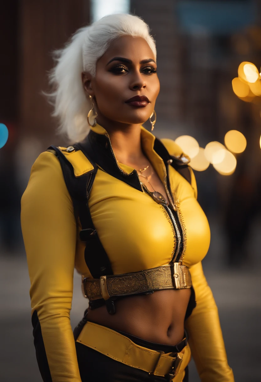 Triumphant, Dark-skinned Arab woman with white hair, white eyebrows, yellow eyes, large breasts, shortstack, strong, athletic, fit, white hair tied with a yellow ribbon. Wears yellow and black motorcycle leathers, lots of gold jewelry and navel piercing. She is standing on a street in Chicago.