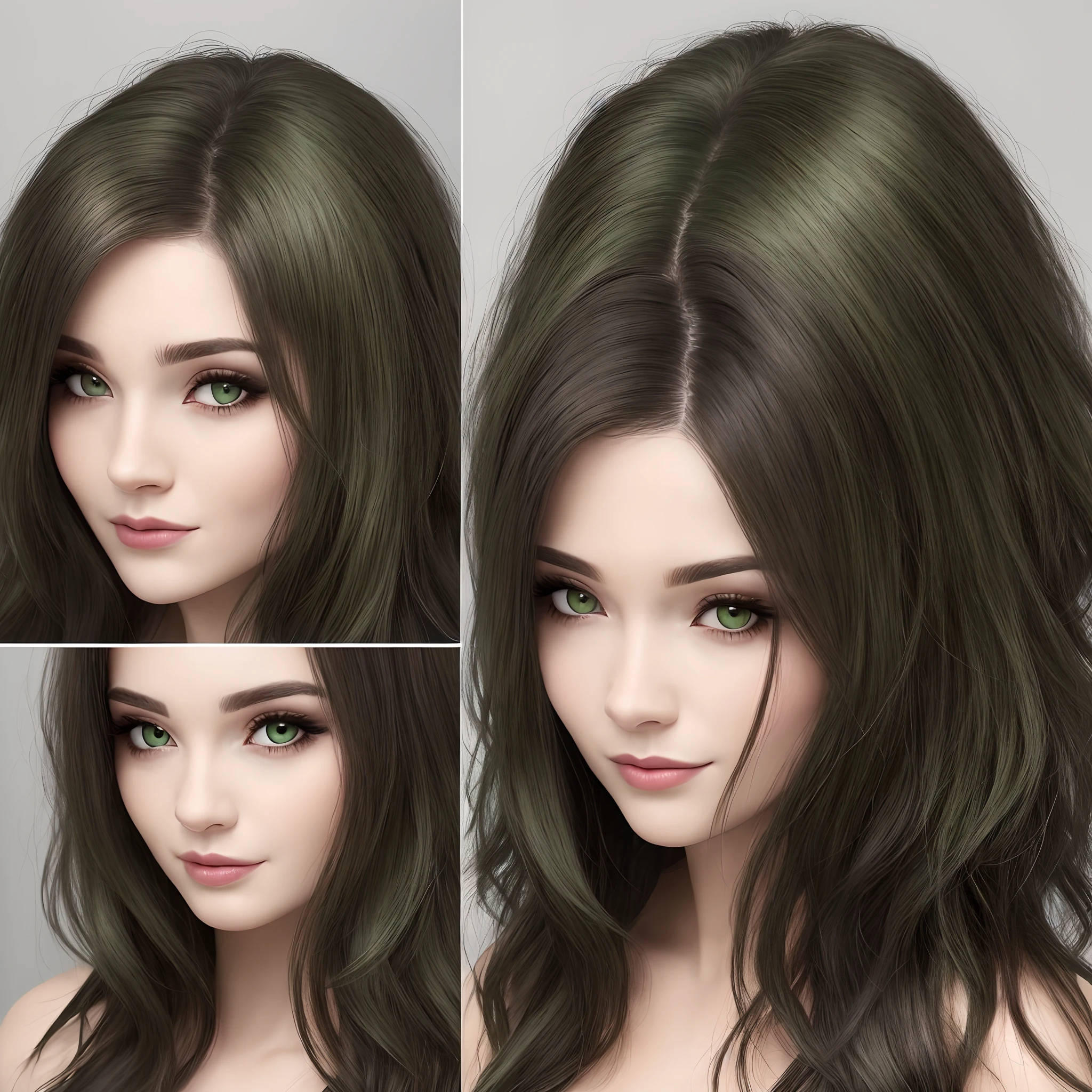 Crie uma linda e forte mulher com cabelo preto e pontas verde escuro