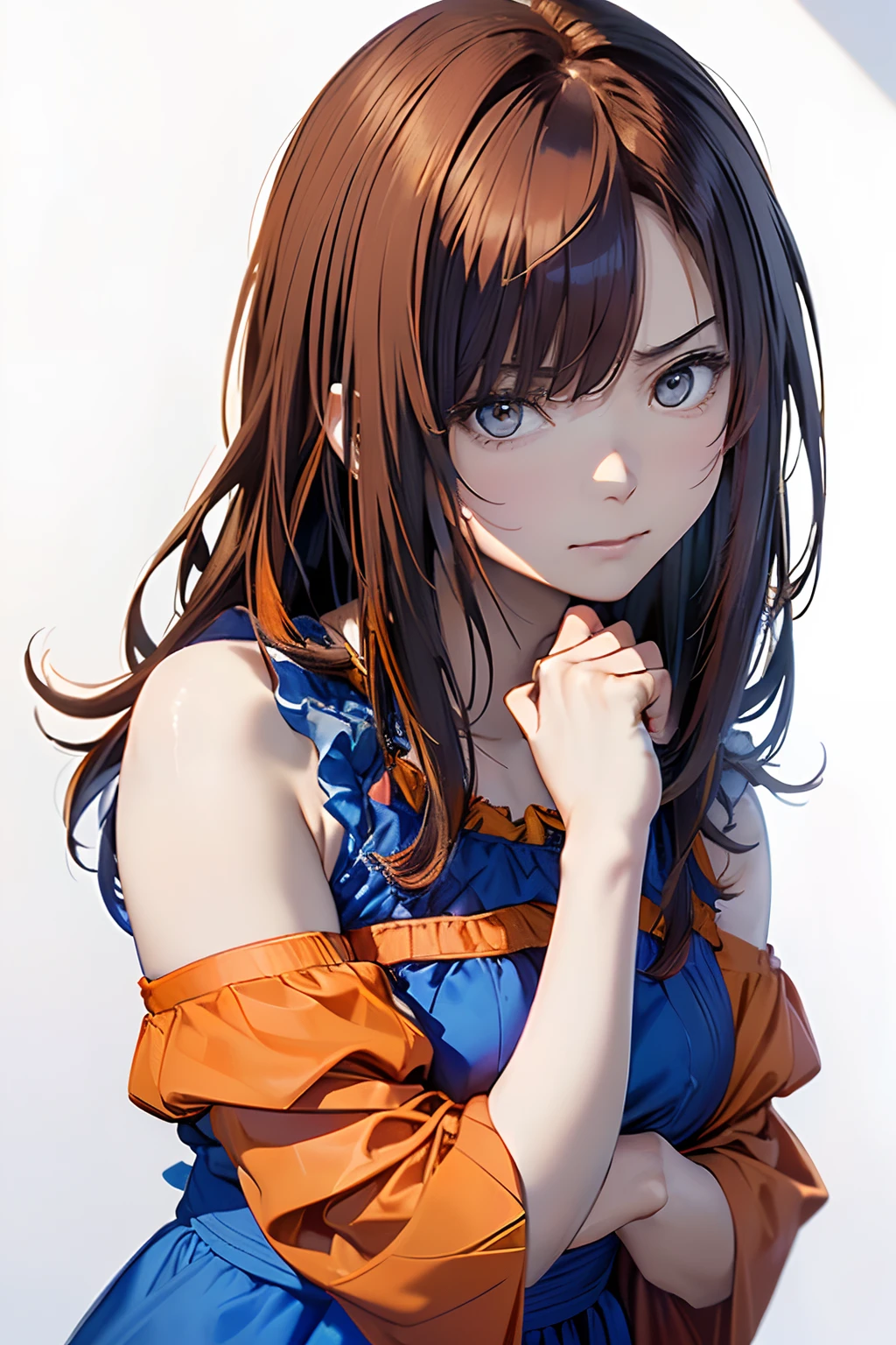 (Best Quality, 8K, Oil Painting, masutepiece:1.2), Ultra-detailed, (Realistic, Photorealistic:1.37), (((bustshot)))、(((bright orange hair)))、(((Wearing a gorgeous blue dress)))、(((upperbody shot)))、(((wearing a blue dress)))、(((20Women of a certain age)))、(((wearing a blue dress)))、 (((Vermilion hair)))、(((semi long hair)))、((( White background)))、(((Girly Hairstyles)))、(((Wearing a luxurious dress)))、(((In front of a white wall)))、(((Frustrated expression)))、(((Nothing on the top of the head)))、(((I'm just a little angry)))、(((grimace)))、(((I clench my fist in front of my chest)))