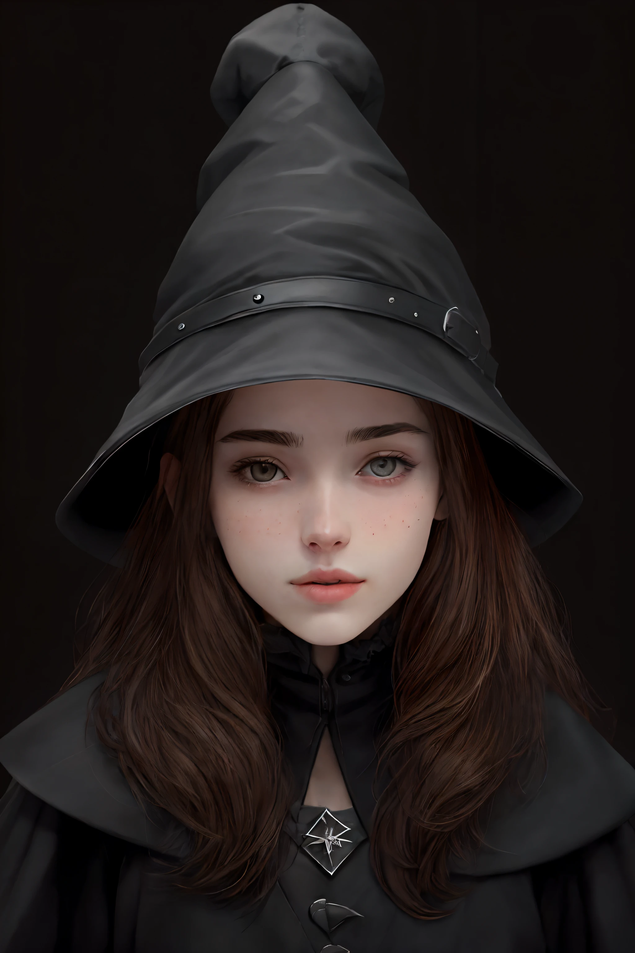 chupipaleta photorealistic, (with glass black), Brown hair, 20 years old, little acne, wear black witch hat