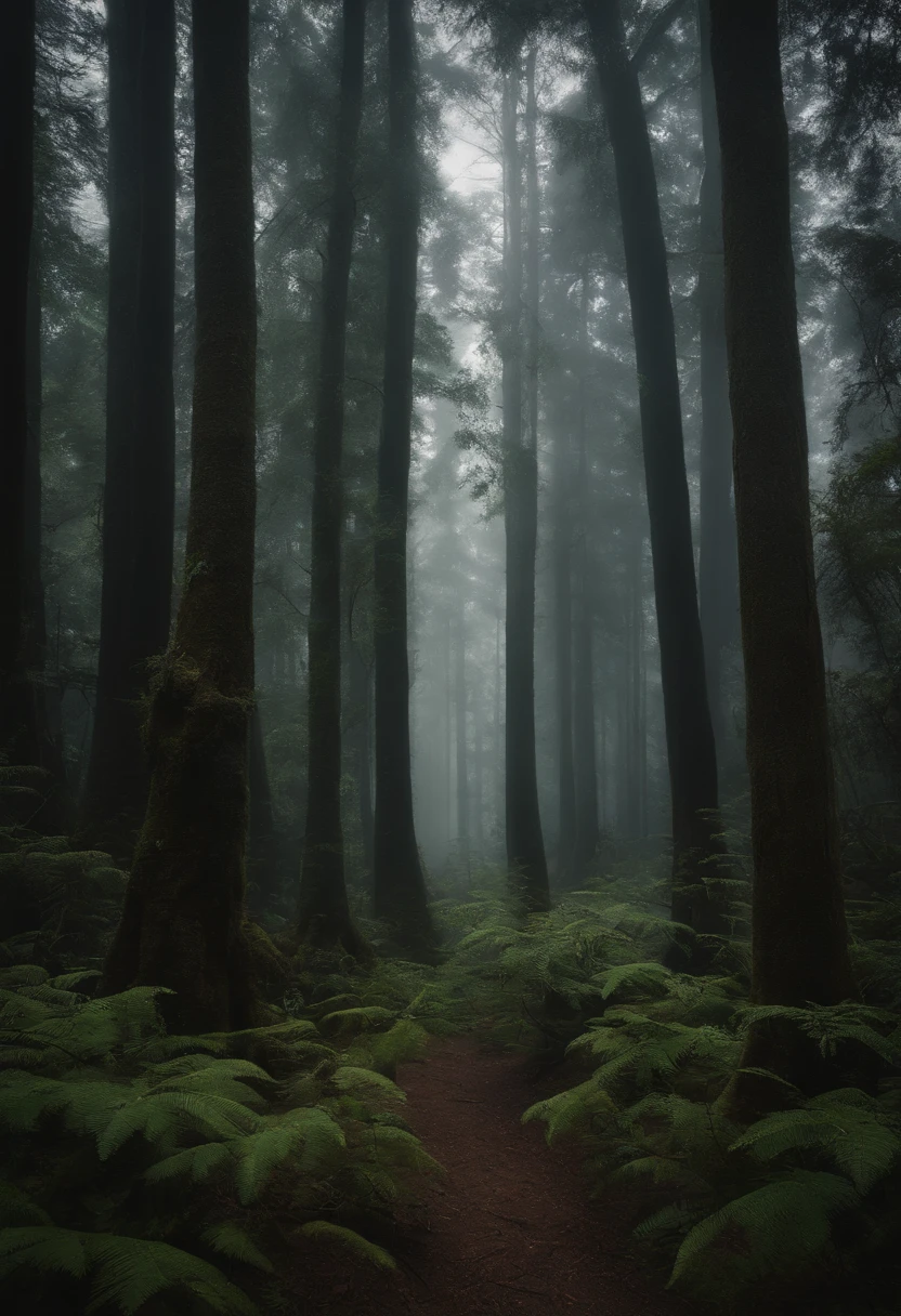 A gloomy forest with giant trees and beings hidden among the branches, (homem negro com cabelos brancos e barba curta), (olhos brancos brilhantes), 8k, alta qualidade