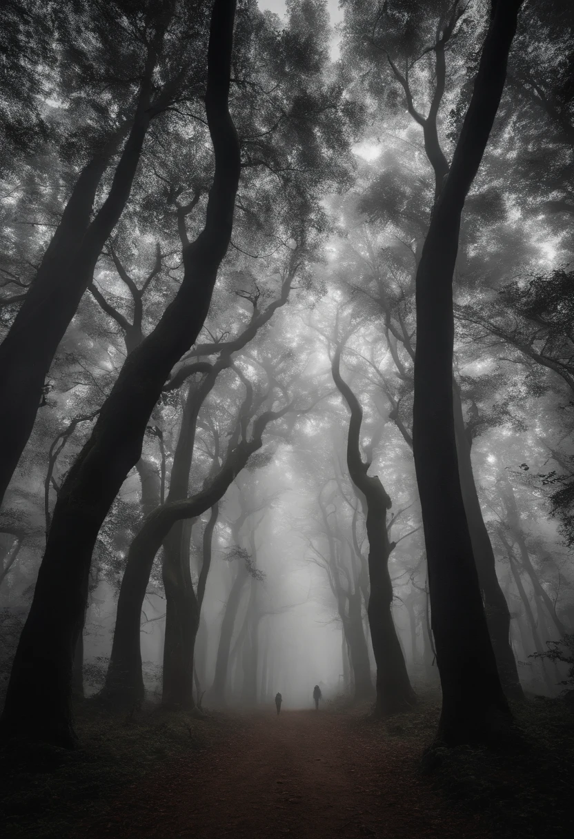 A gloomy forest with giant trees and beings hidden among the branches, (homem negro com cabelos brancos e barba curta), (olhos brancos brilhantes), 8k, alta qualidade