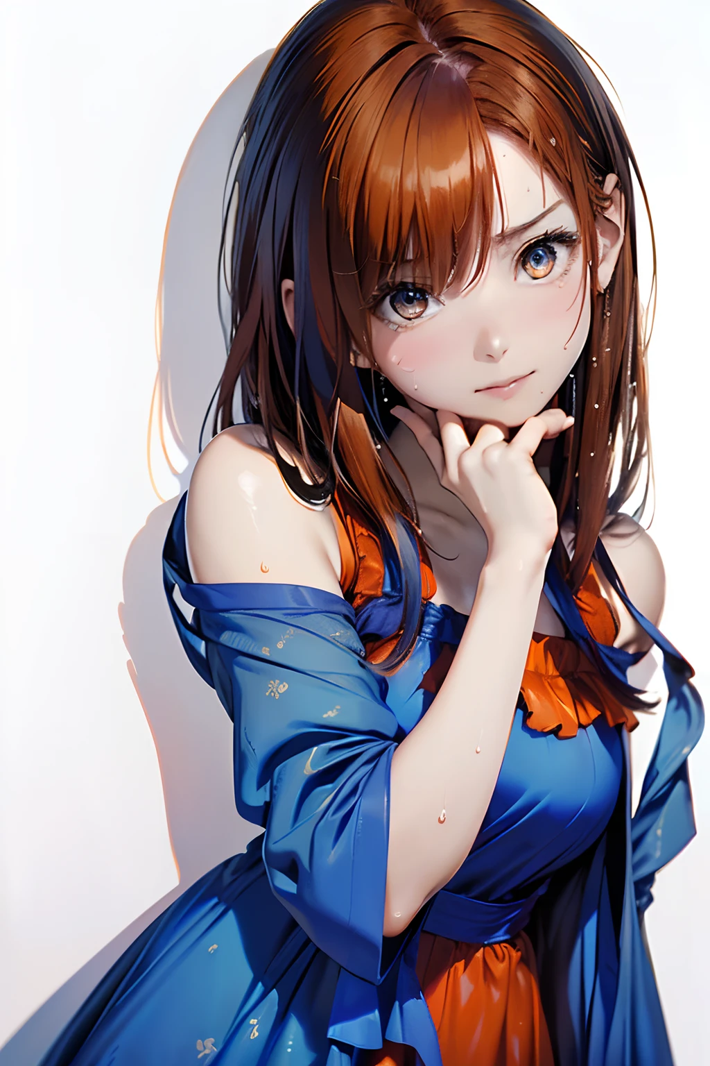 (Best Quality, 8K, Oil Painting, masutepiece:1.2), Ultra-detailed, (Realistic, Photorealistic:1.37), (((bustshot)))、(((bright orange hair)))、(((Wearing a gorgeous blue dress)))、(((upperbody shot)))、(((wearing a blue dress)))、(((２０Women of a certain age)))、(((wearing a blue dress)))、 (((Vermilion hair)))、(((semi long hair)))、((( White background)))、(((Girly Hairstyles)))、(((Wearing a luxurious dress)))、(((In front of a white wall)))、(((A look of surprise)))、(((I'm in a hurry)))、(((Sweat is running down my cheeks)))、(((Hands in front of the body)))、(((I'm leaning back)))