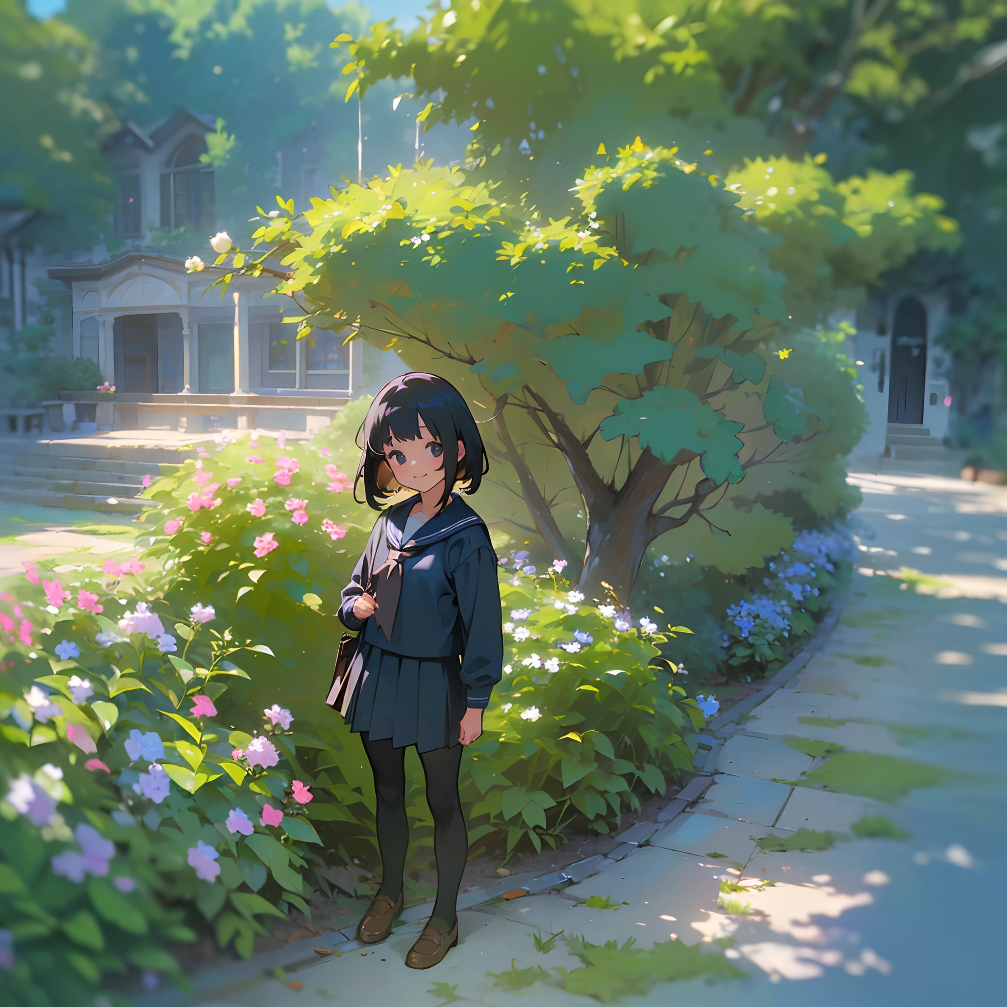 (Best Quality, hight resolution, Ultra-detailed, Realistic:1.37), peaceful ambiance, (plein air, garden), age girl standing alone, Beautiful detailed features, Cute smile, ((Black bob hair)),Navy blue sailor suit, Pleated skirt,Black tights,Brown leather shoes.