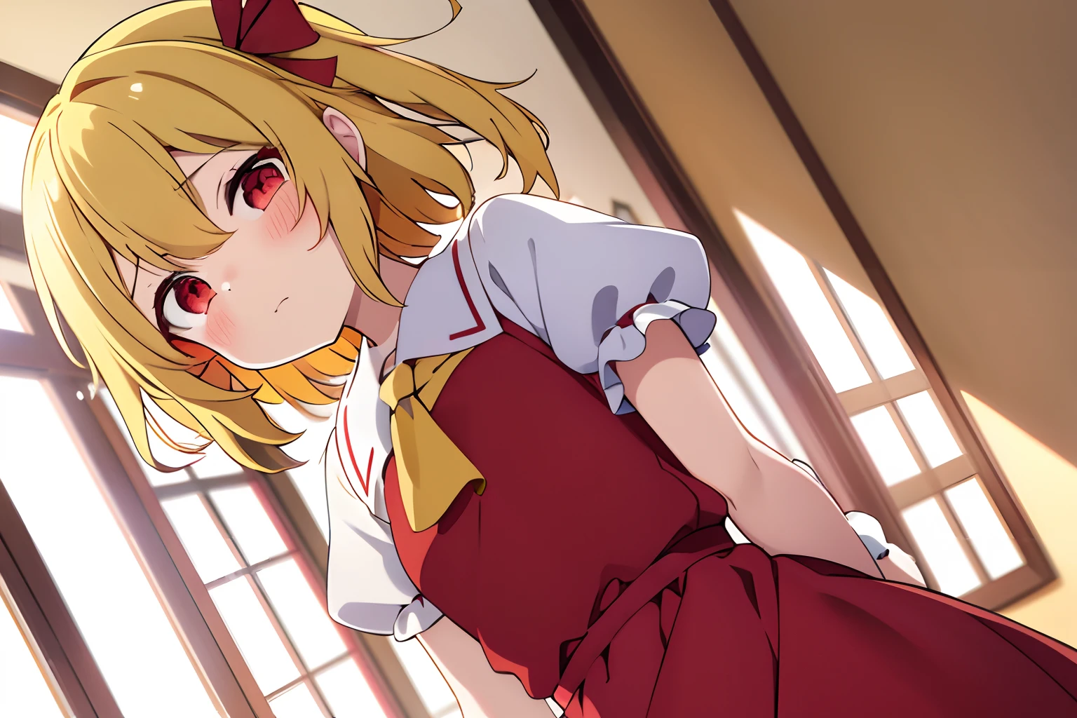Best Quality, 1girl in, Solo, (Flandre Scarlett staring at camera)、From upper body up、is standing、 embarrassed from、blushed face、beautiful countenance、Eye Highlights、Petite、Red eyes、bright yellow hair in the side tail,、shortsleeves、childish、Classroom