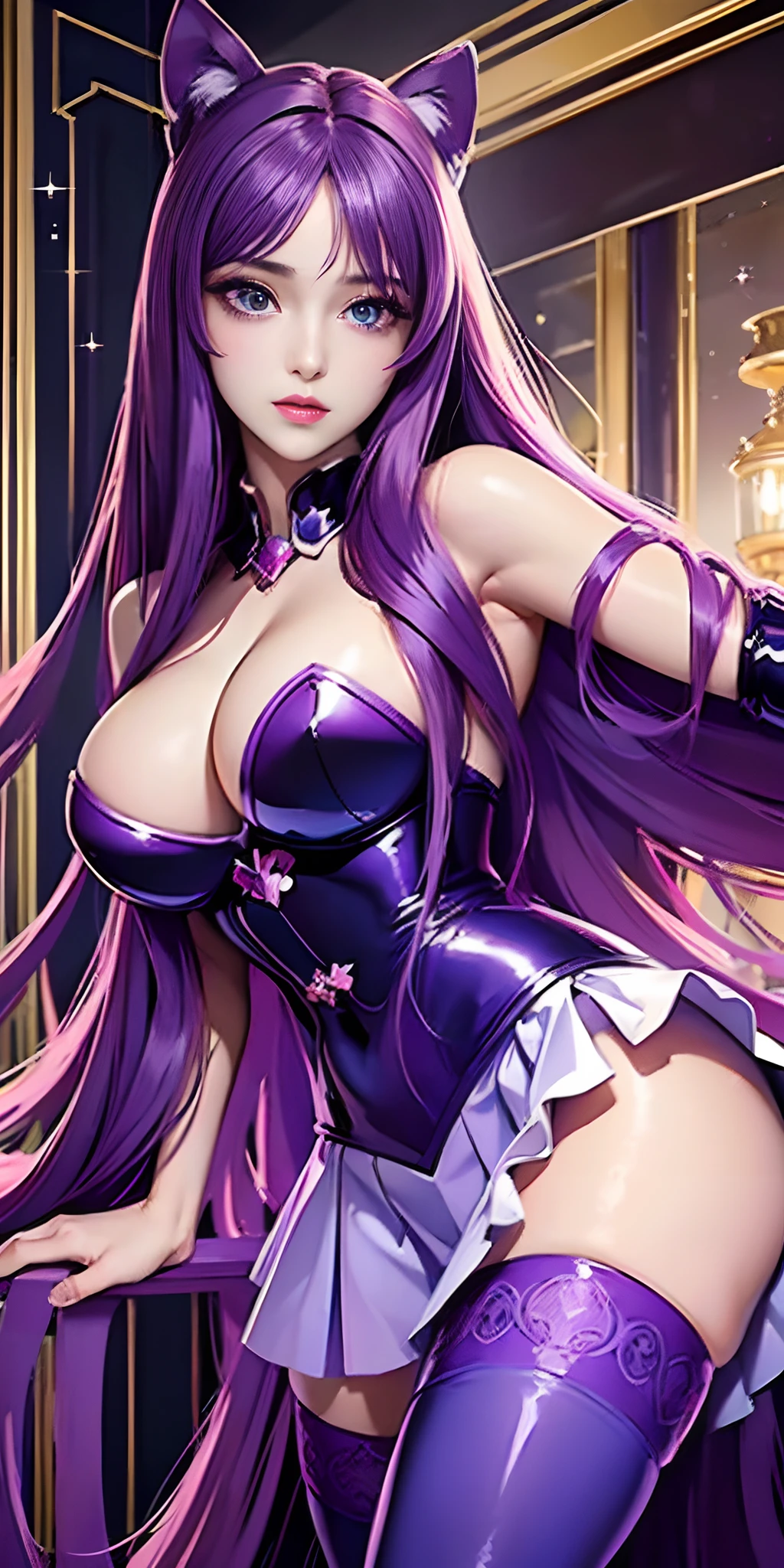 (( best resolution, best quality , nonsense, masterpiece))Kido_Saori, 1 girl,25 years old,standing, solo, huge breasts, corsette,masterpiece, best quality, detailed face, detailed eyes, high resolution , long purple hair , expressive and sparkling blue eyes,upskirt,stockings