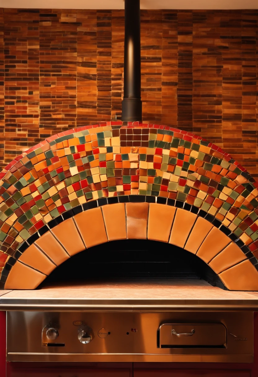 Create a professional photo of a ceramic mosaic style pizza oven