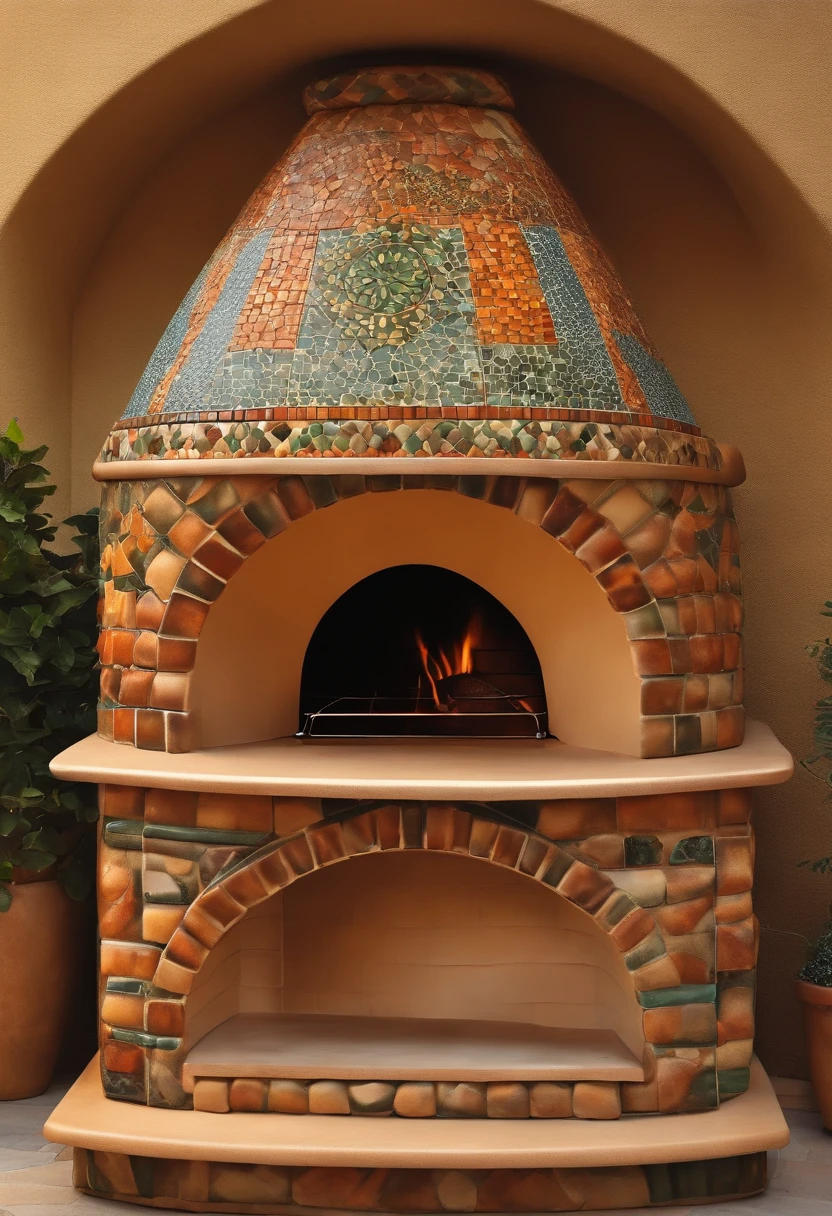 Create a professional photo of a ceramic mosaic style pizza oven