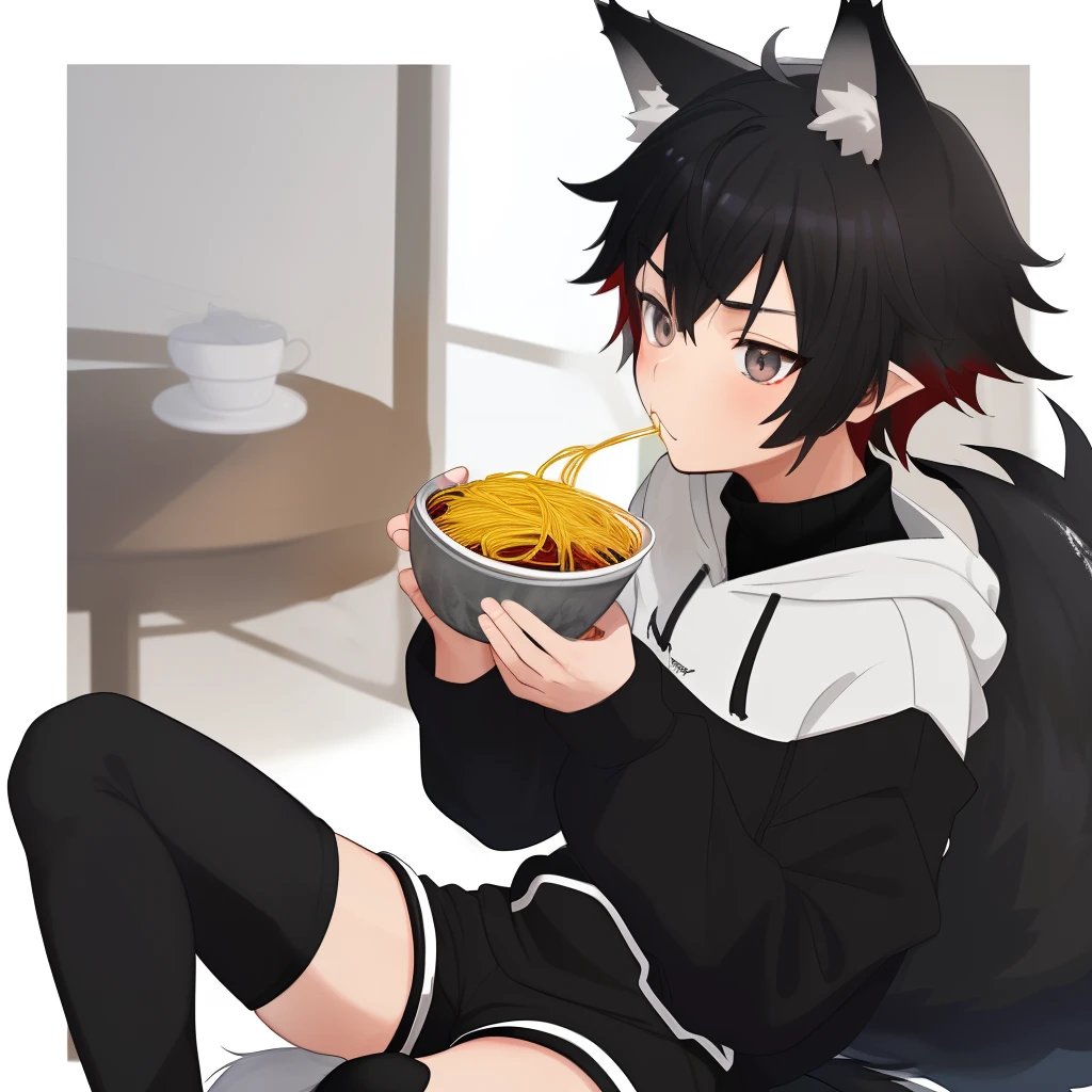 masterpiece, best quality, anime, Sora, ((Boy)), cute, Turtleneck with white stripes, Hoodie off-shoulder,. Sideview, ((Red and Grey eyes)), ((Black Really Fluffy Wolf tail and ears)), Cute expression, Black and white Sport-Shorts with Thigh Highs, eating dinner ((Spaghetti))