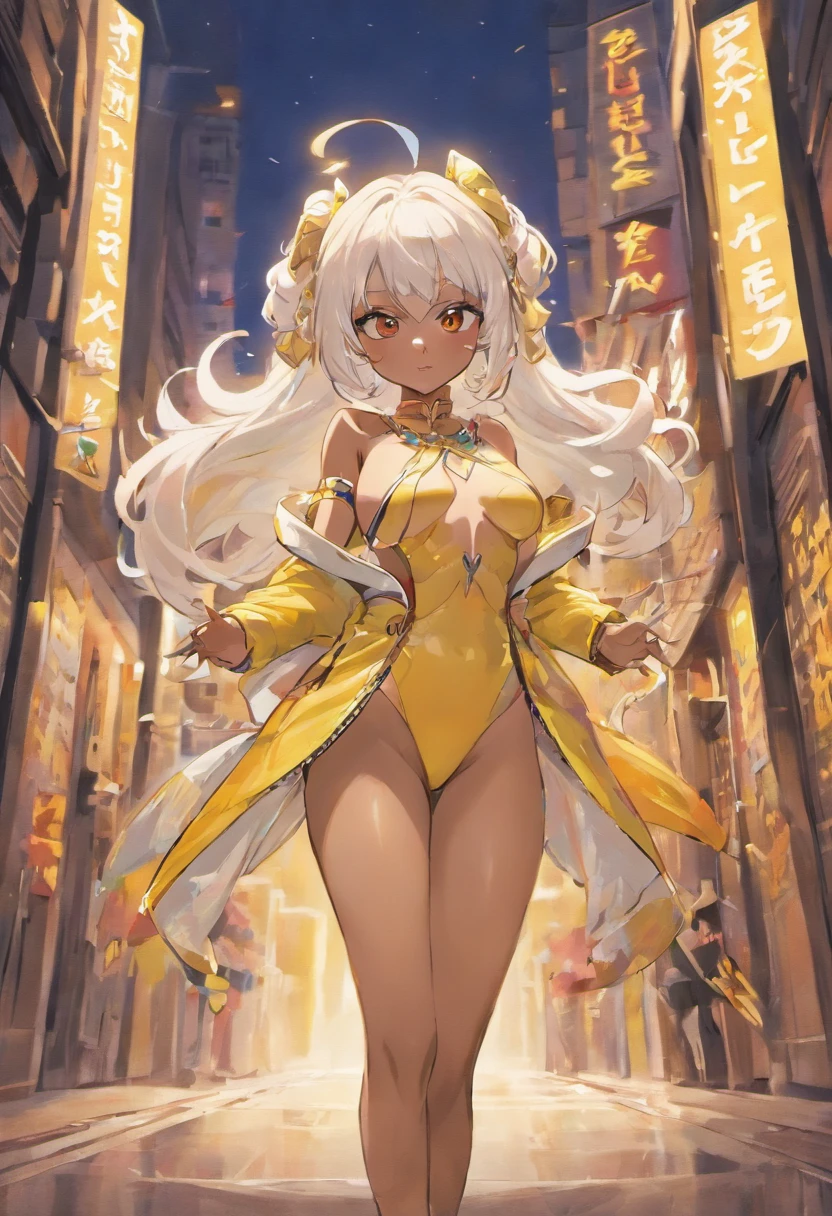 Triumphant, Dark-skinned Arab woman with white hair, white eyebrows, yellow eyes, large breasts, shortstack, strong, athletic, fit, white hair tied with a yellow ribbon. Wears yellow and black motorcycle leathers, lots of gold jewelry and navel piercing. She is standing on a street in Chicago.
